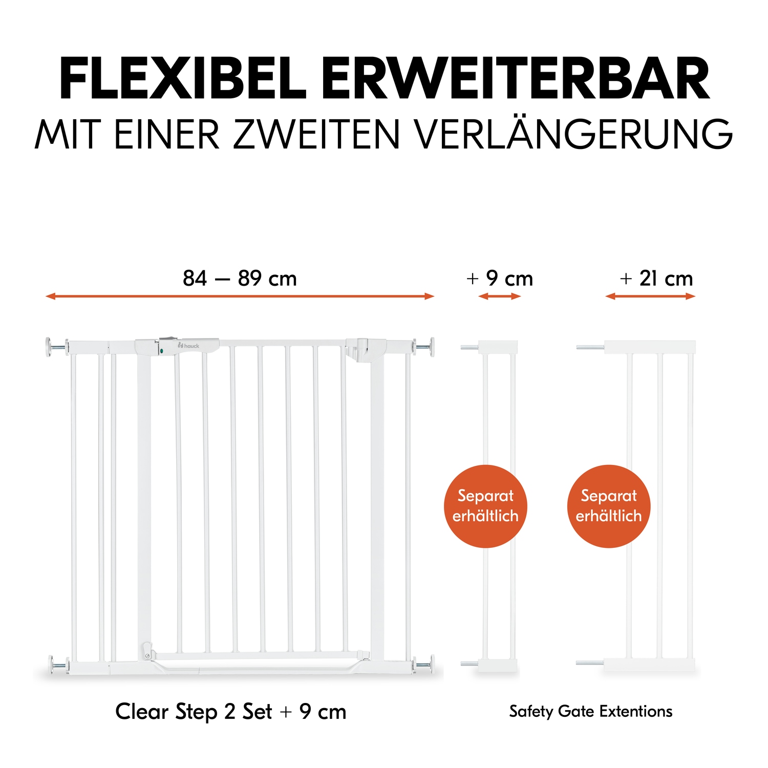 Hauck Türschutzgitter »Clear Step Set 2 inklusive Verlängerung 9 cm, White«, auch als Treppenschutzgitter verwendbar; 84-89 cm, flacher Durchgang