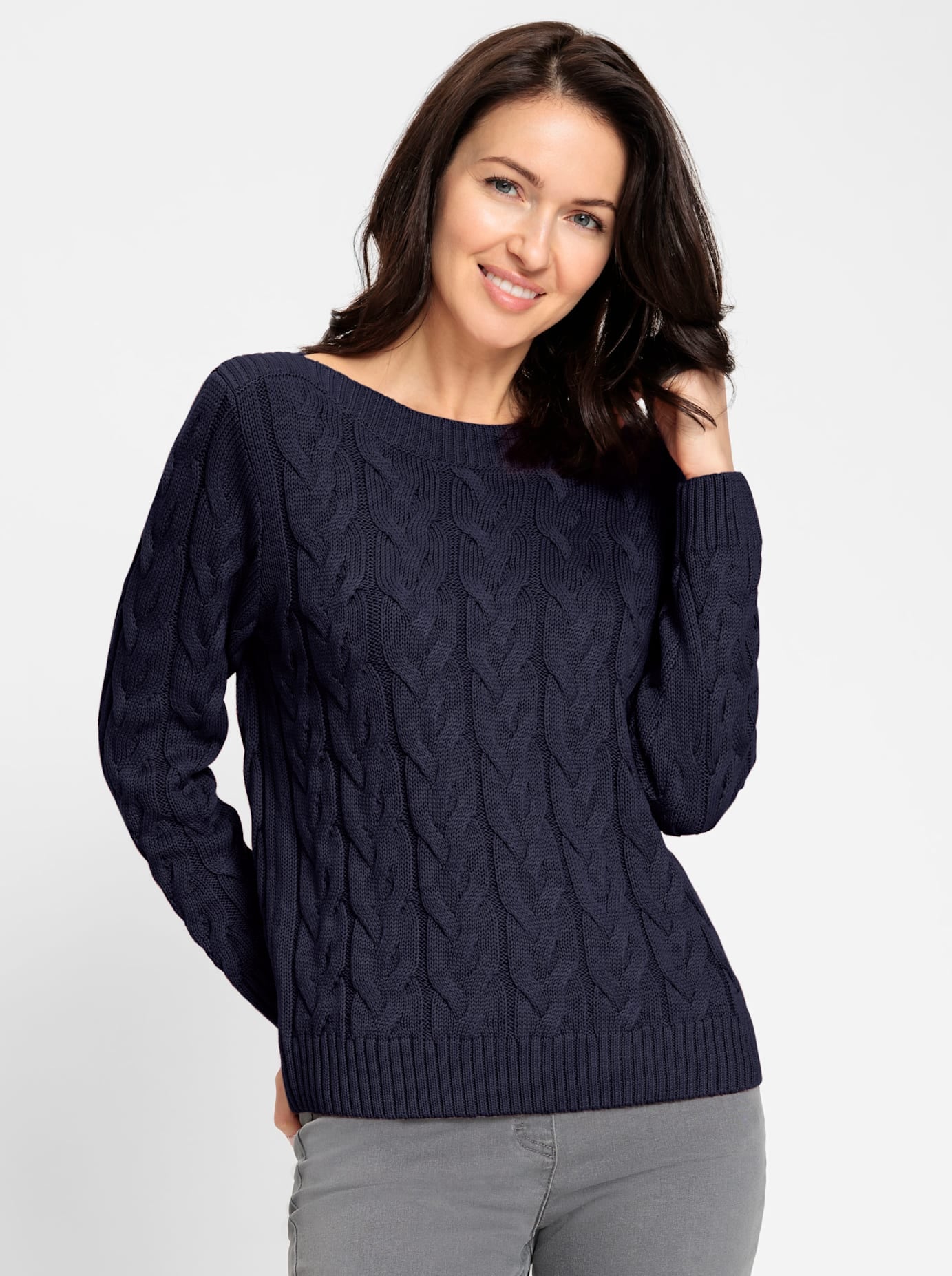 Strickpullover INSPIRATIONEN "Pullover", Damen, Gr. 52, blau (marine), 50% Baumwolle, 50% Polyacryl, unifarben, Pullover Strickpullover