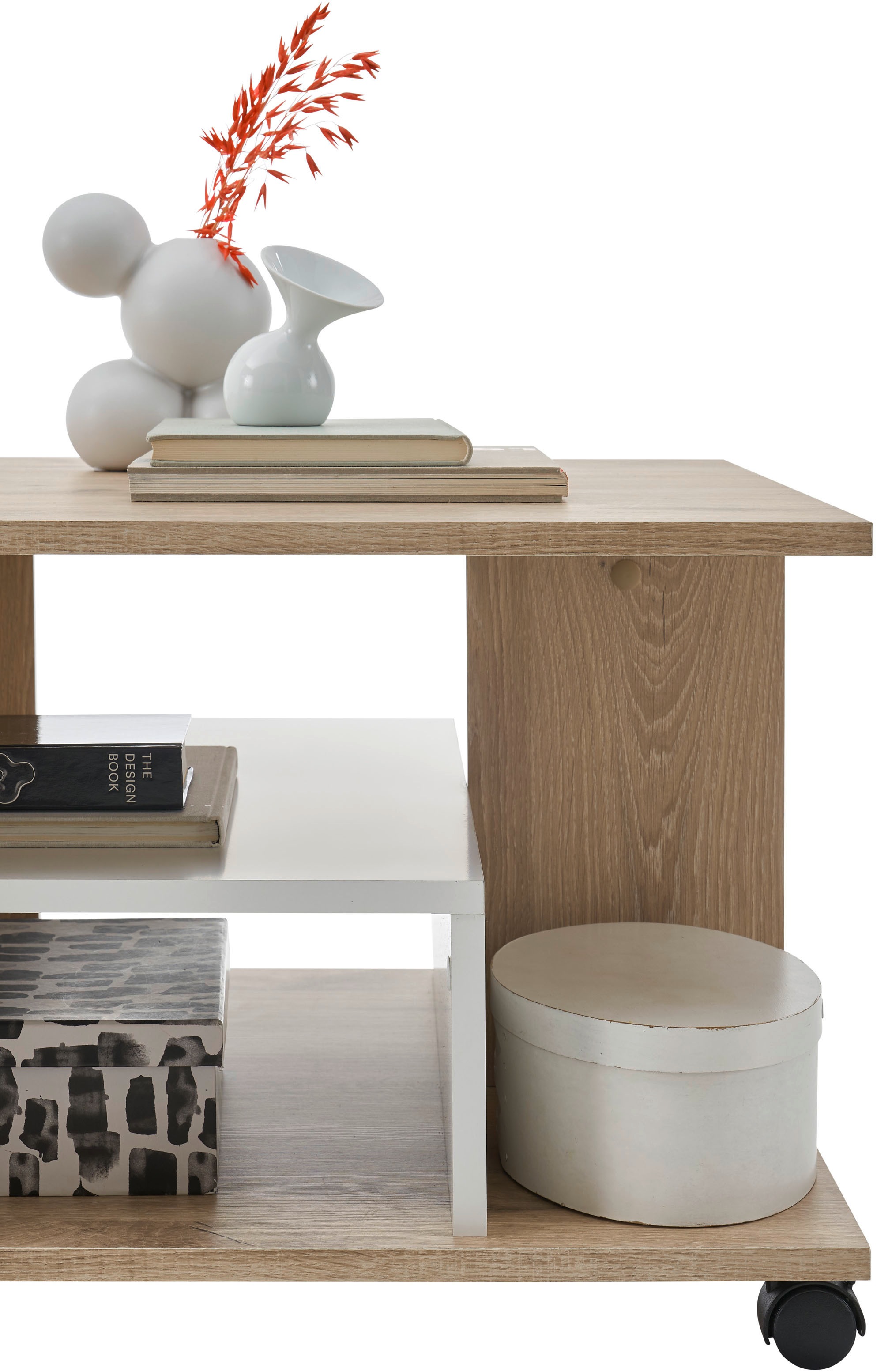 Stolkom Couchtisch »Marti rollbar mit Ablageböden, Rima Oak weiß, BxHxT 110x42,5x60 cm«, Rollbar, mehrere Ablageböden in Rima Oak weiß