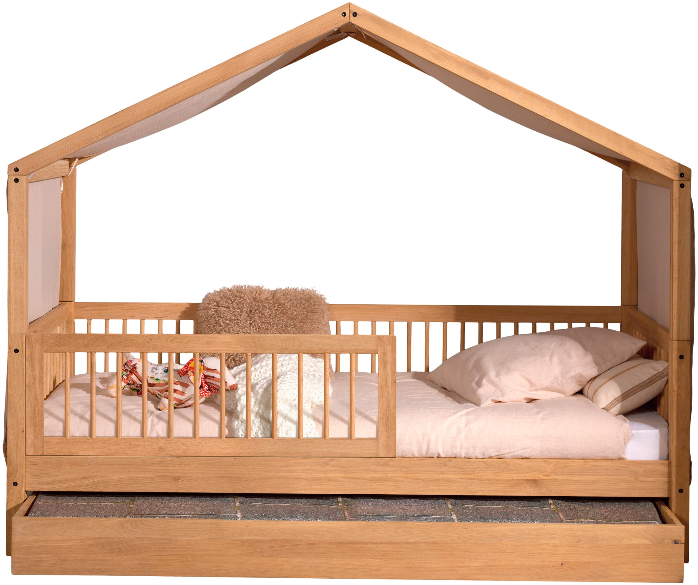Vipack Hausbett "Forrest mit Dachaufbau, Rausfallschutz vorne und Textilhimmel" aus massiver Eiche geölt 90/200, wahlweise mit u. ohne Bettschublade