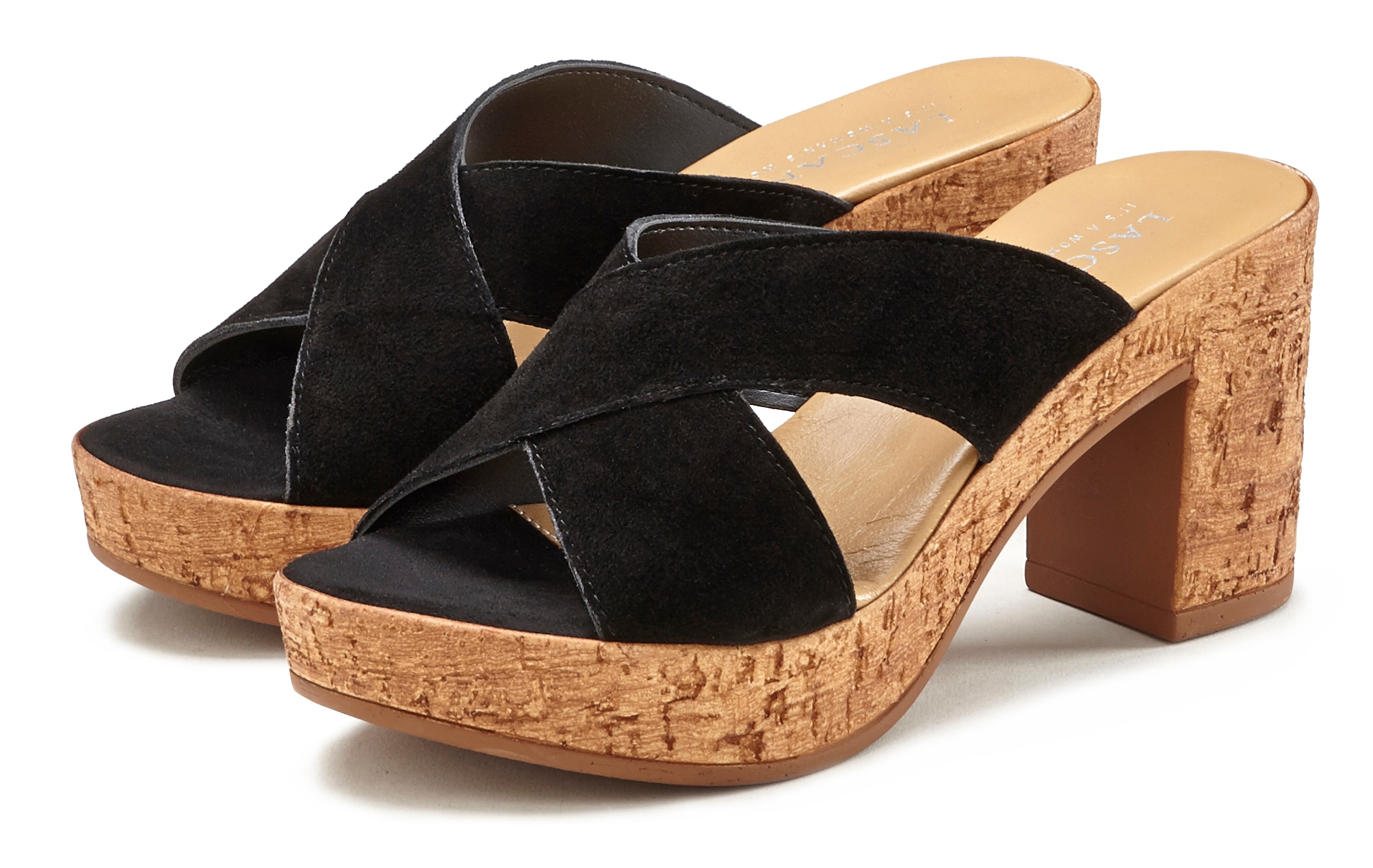 LASCANA Pantolette "Sommerschuh, offener Schuh, Sandalette, Mule," aus Leder mit Blockabsatz in Kork-Optik