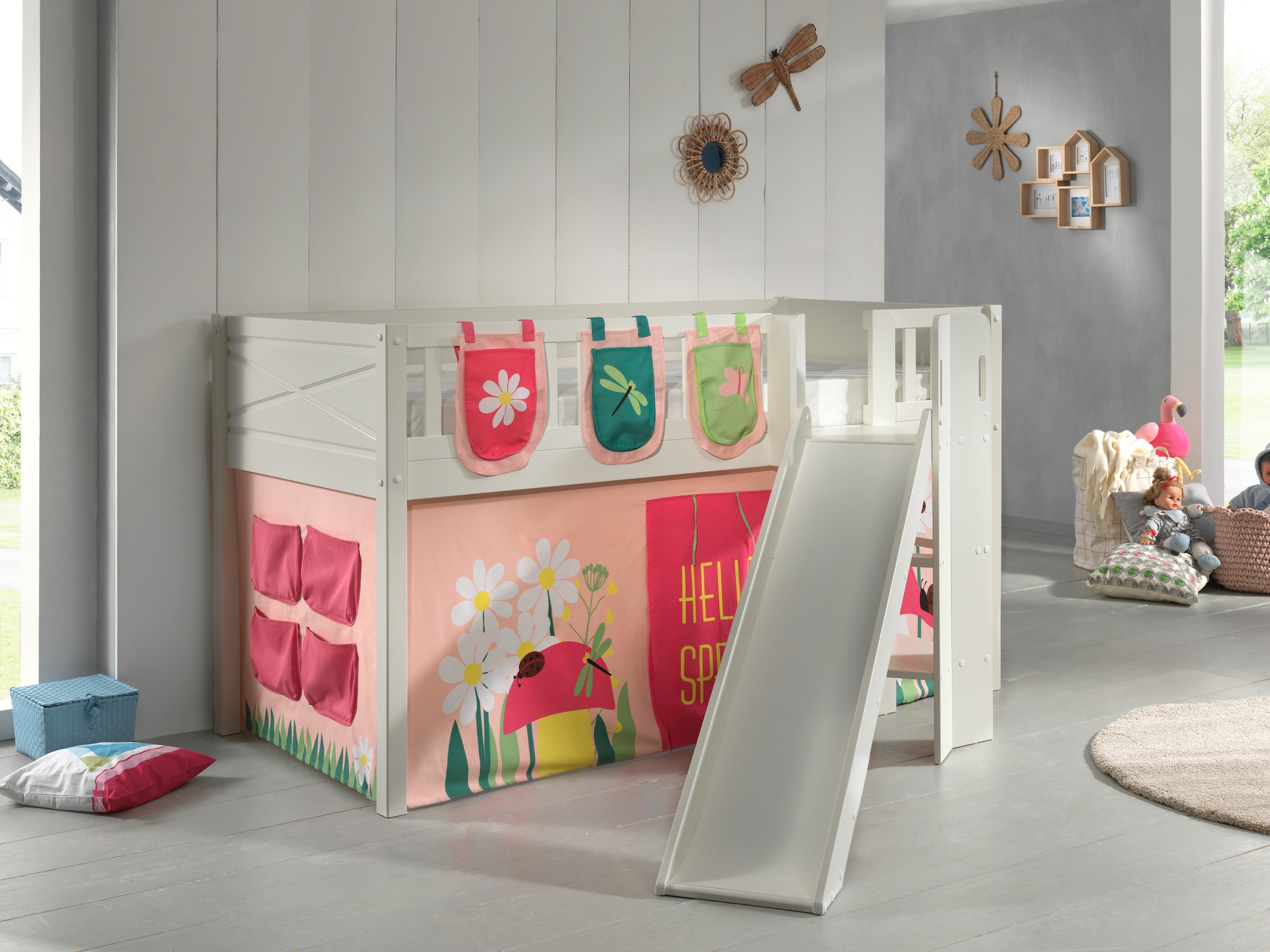 Vipack Hochbett »Scott«, (Made in Europe), m. Rutsch-/Leiterturm, LF 90x200 cm, Vorhang, Tasche, 4 Designs