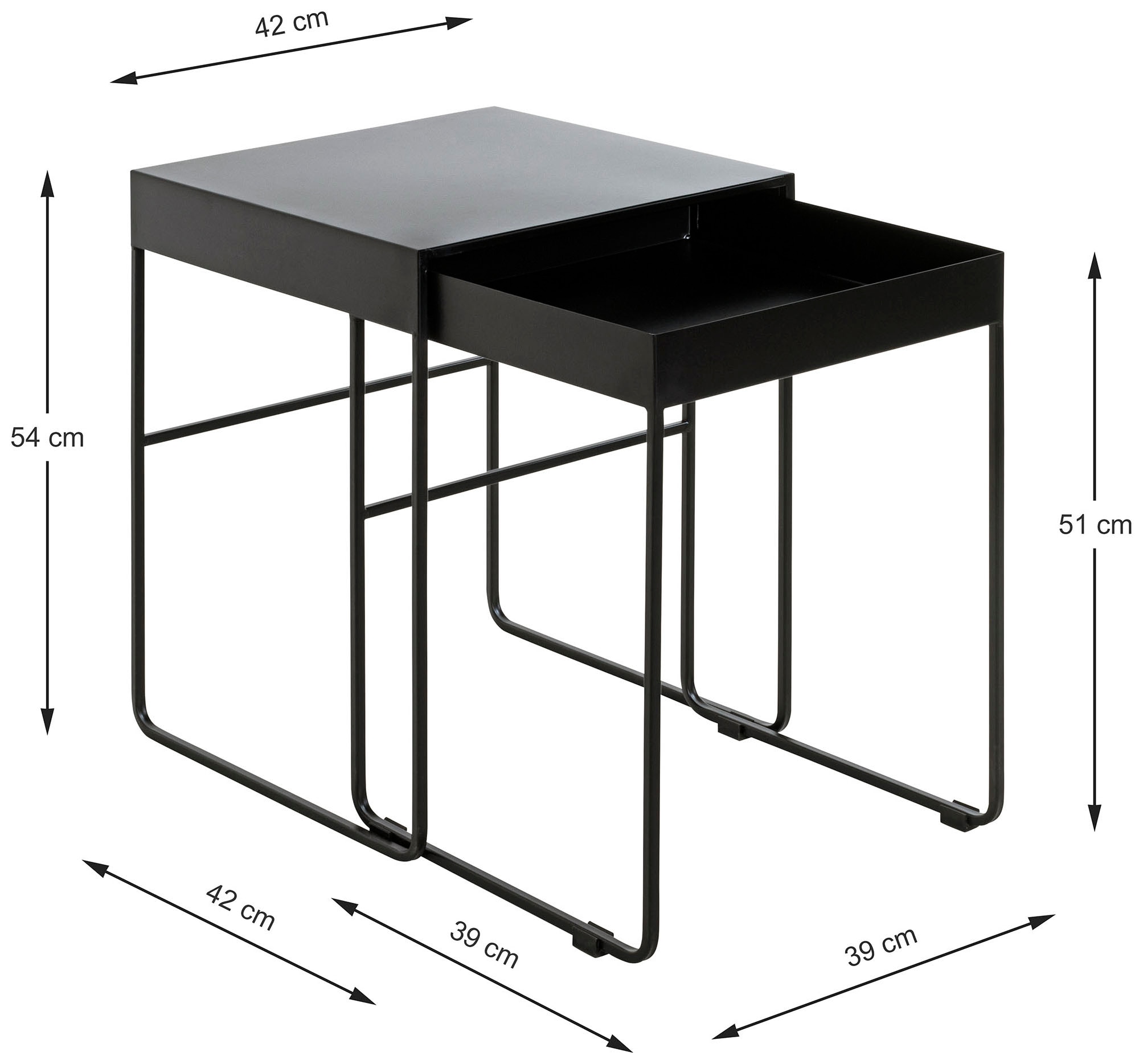 HAKU Beistelltisch »Sofatisch, Wohnzimmertisch« Set, 2er Set, 2 Stk. tlg. rechteckig - aus Metall Schwarz B/T/H 39/39/51 und 42/42/54 cm
