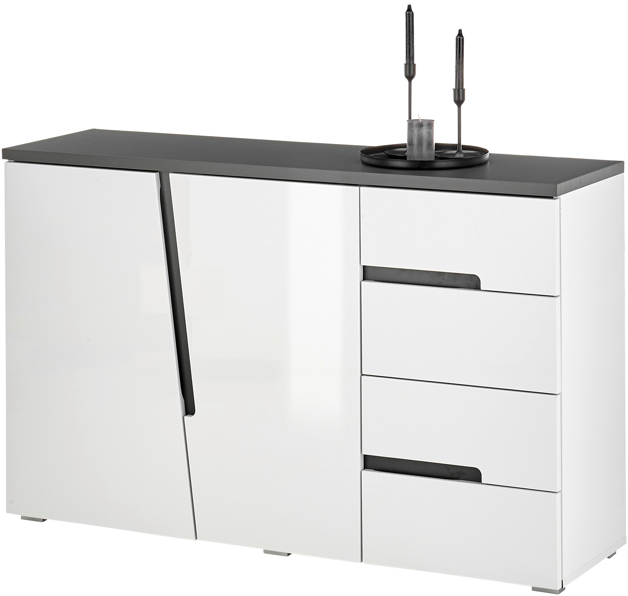 HBZ Kommode "Boston weiß Hochglanz, BxHxT 132x83x38 cm", Schrank mit 2 Türen, 4 Schubkästen, 2 Einlegeböden verstellbar