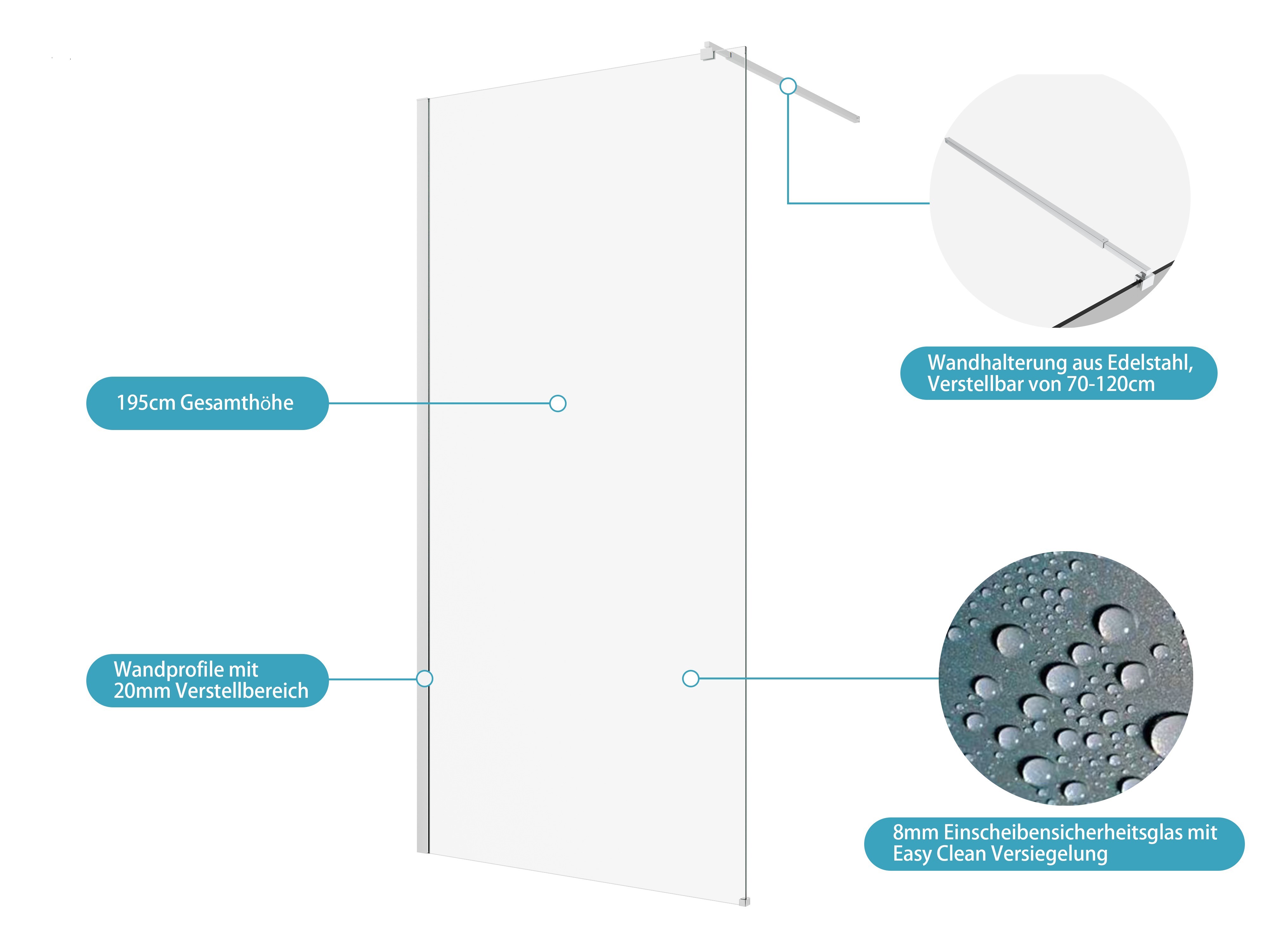 Thumbnail - welltime Walk-in-Dusche "Tropea" 1 Stk. tlg. 8mm ESG und Antikalkversiegelung, Extra Dick, Extra Hoch