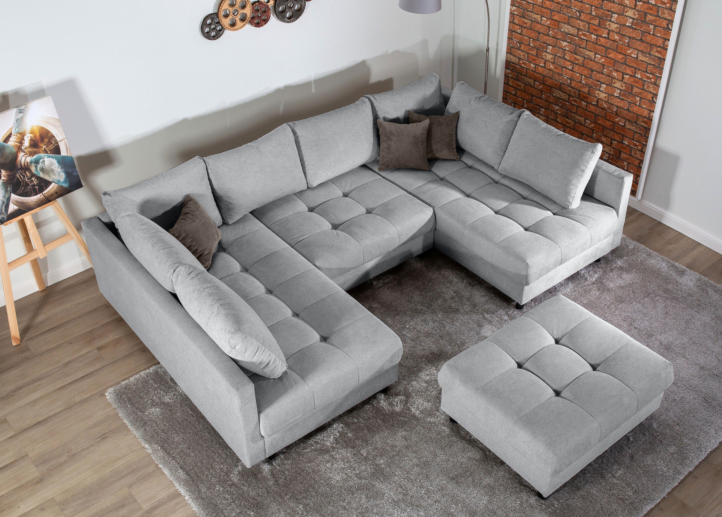 Home affaire Wohnlandschaft »Toni U-Form, B: 298 cm«, mit Hocker & 3 Zierkissen, Federkern