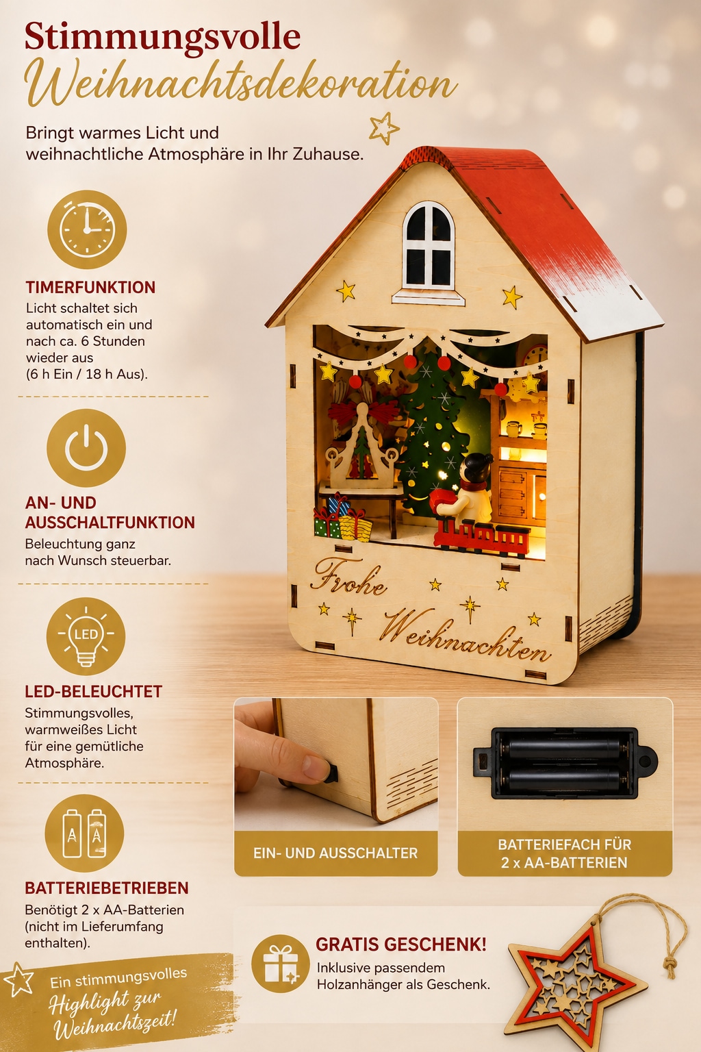 OTTO home Weihnachtsszene »1 Stück, Deko mit weihnachtlichem Motiv und LED-Beleuchtung« 6h-Timerfunktion, gratis Anhänger, Batterie, Höhe 21,5 cm