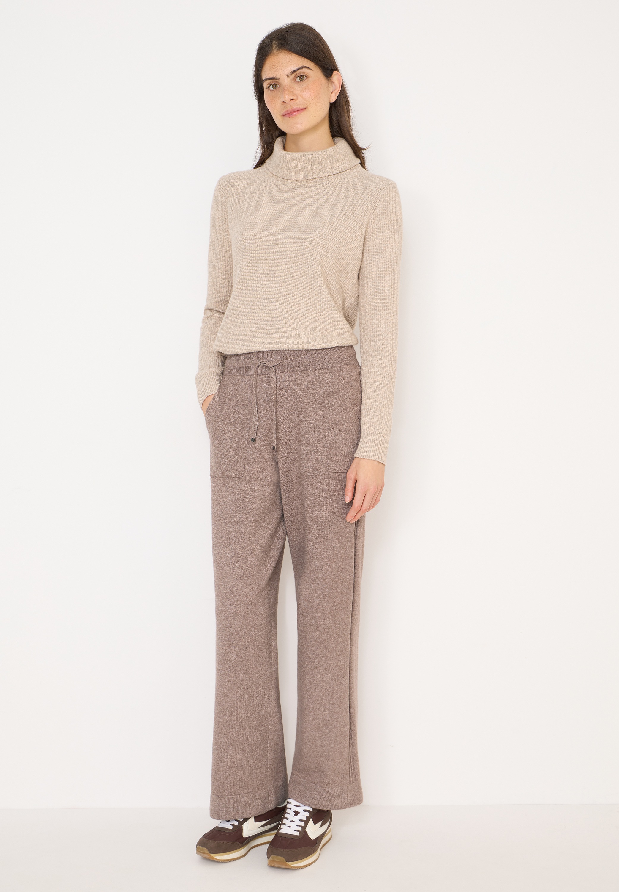 Jogger Pants CECIL, Damen, Gr. M, Länge 28, chocolate mousse melange, Web, 33% Polyester, 31% Polyacryl, 24% Baumwolle, 12% Nylon, meliert, comfort fit knöchellang, Hosen, High Waist 3
