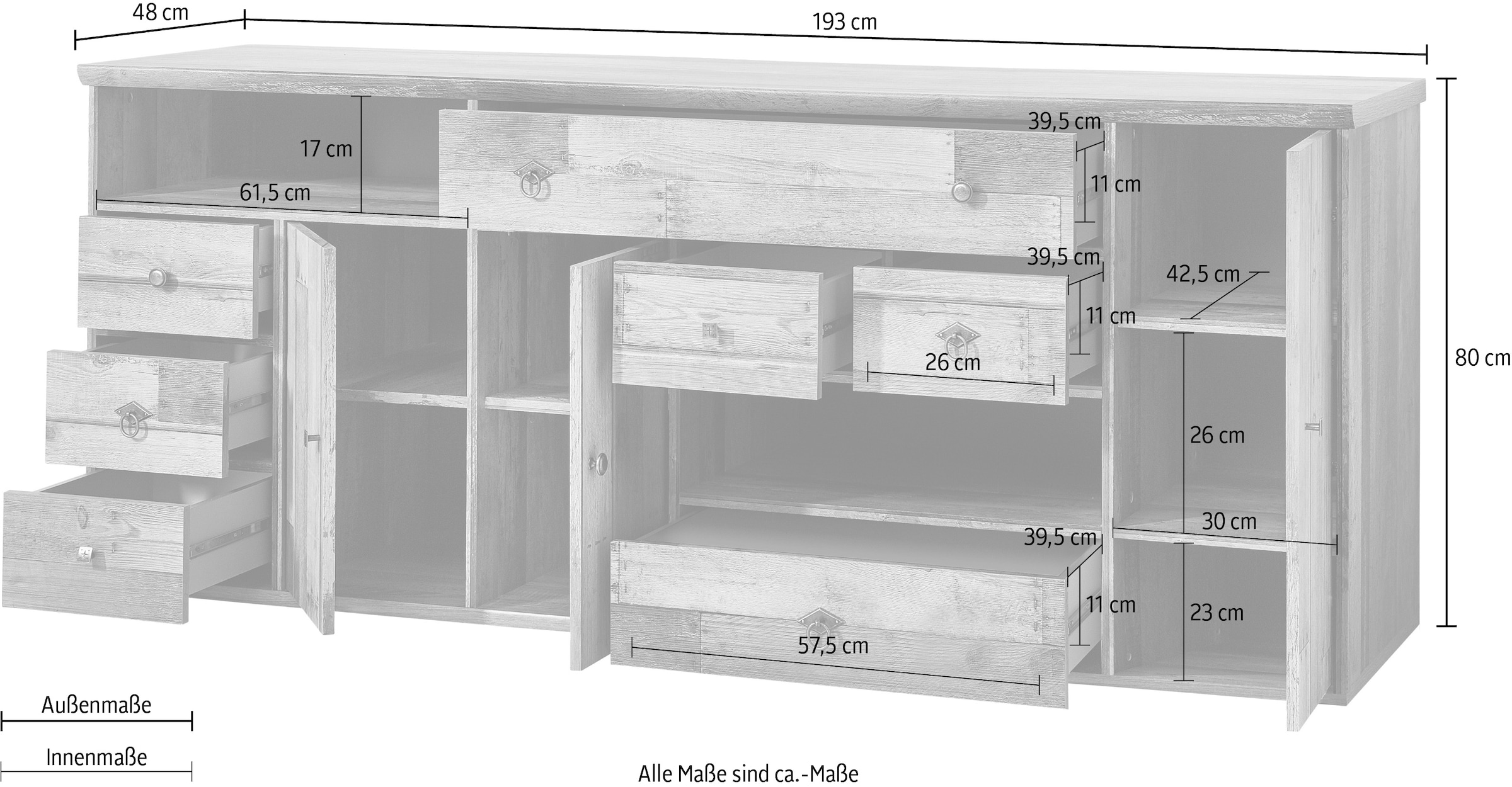 Innostyle Sideboard »BONANZA«, (1 St.), 3 Holztüren, 7 Schubladen, 9 Fächer, Softclose, ABS Kantenschutz