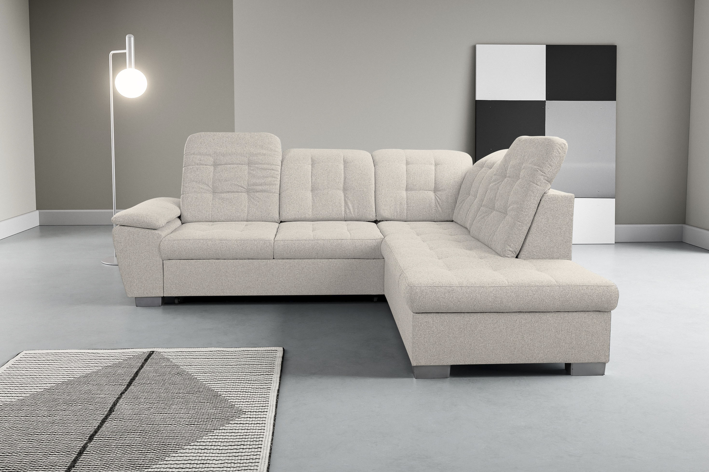 WERK2 Ecksofa "Bonny 265 x 215 cm inkl. Kopfteilverstellung modern und bequem" Struktur, L-Form, Schlaffunktion, Bettkasten