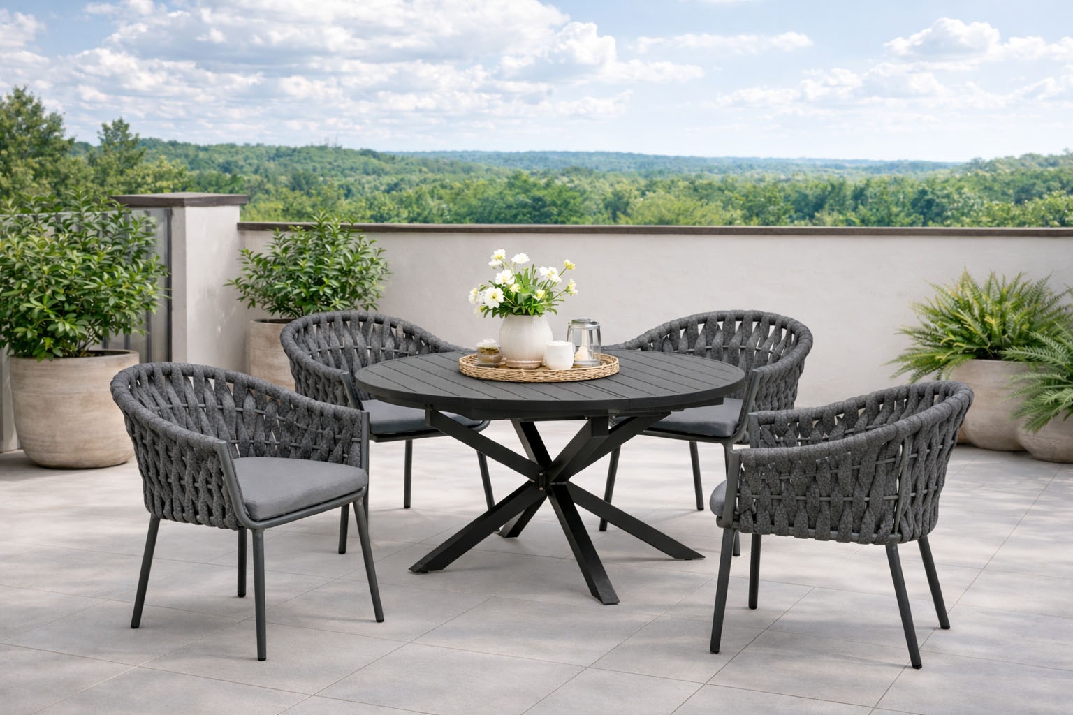 Destiny Garten-Essgruppe "MOLINO ARONA Essgruppe 4 Se + Tisch Ø145/199cm, anthrazit" Set, Aluminium, Rope