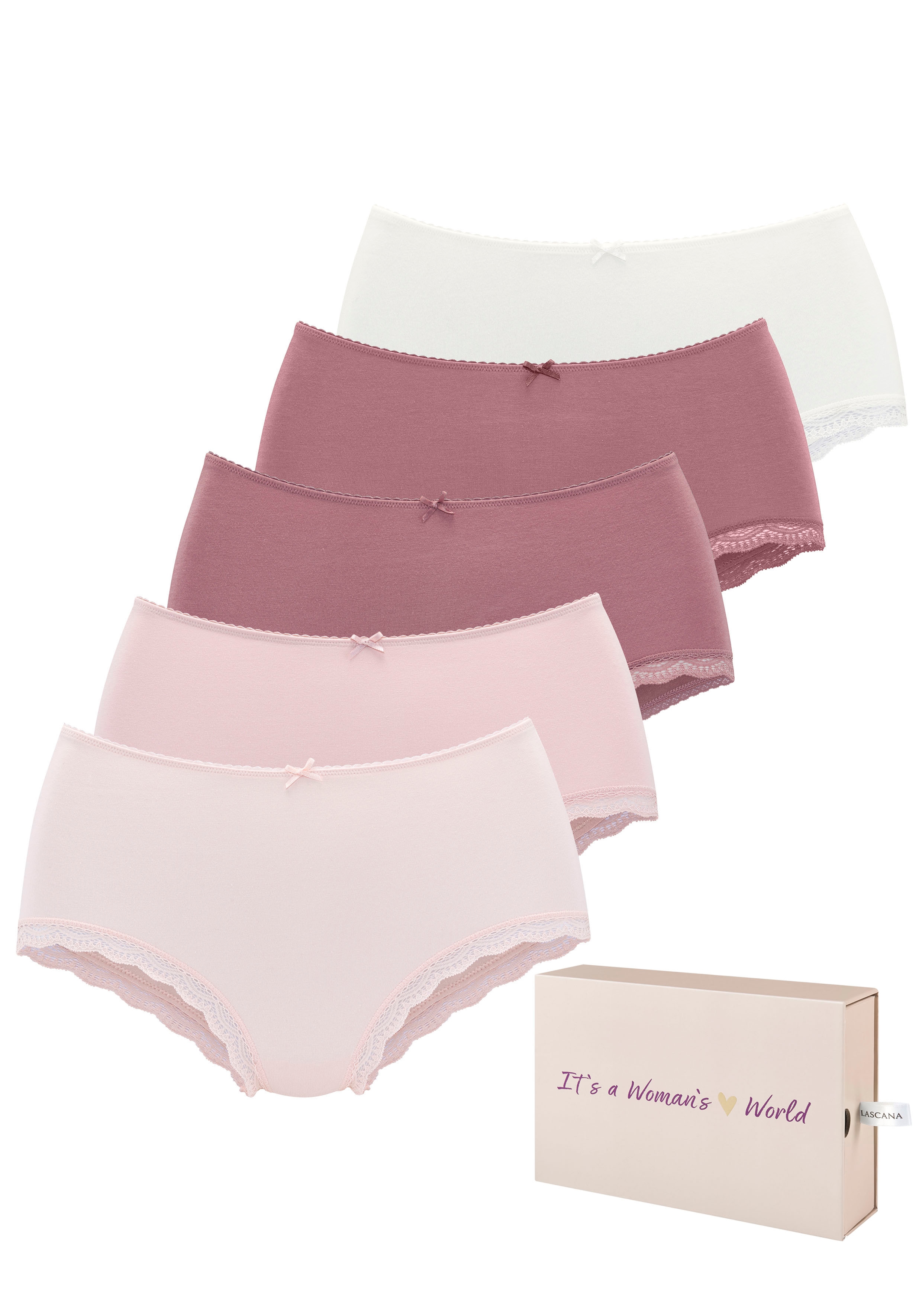 LASCANA Taillenslip 5er-Pack, aus elastischer Baumwolle mit zarter Spitze, mit Aufbewahrungsbox