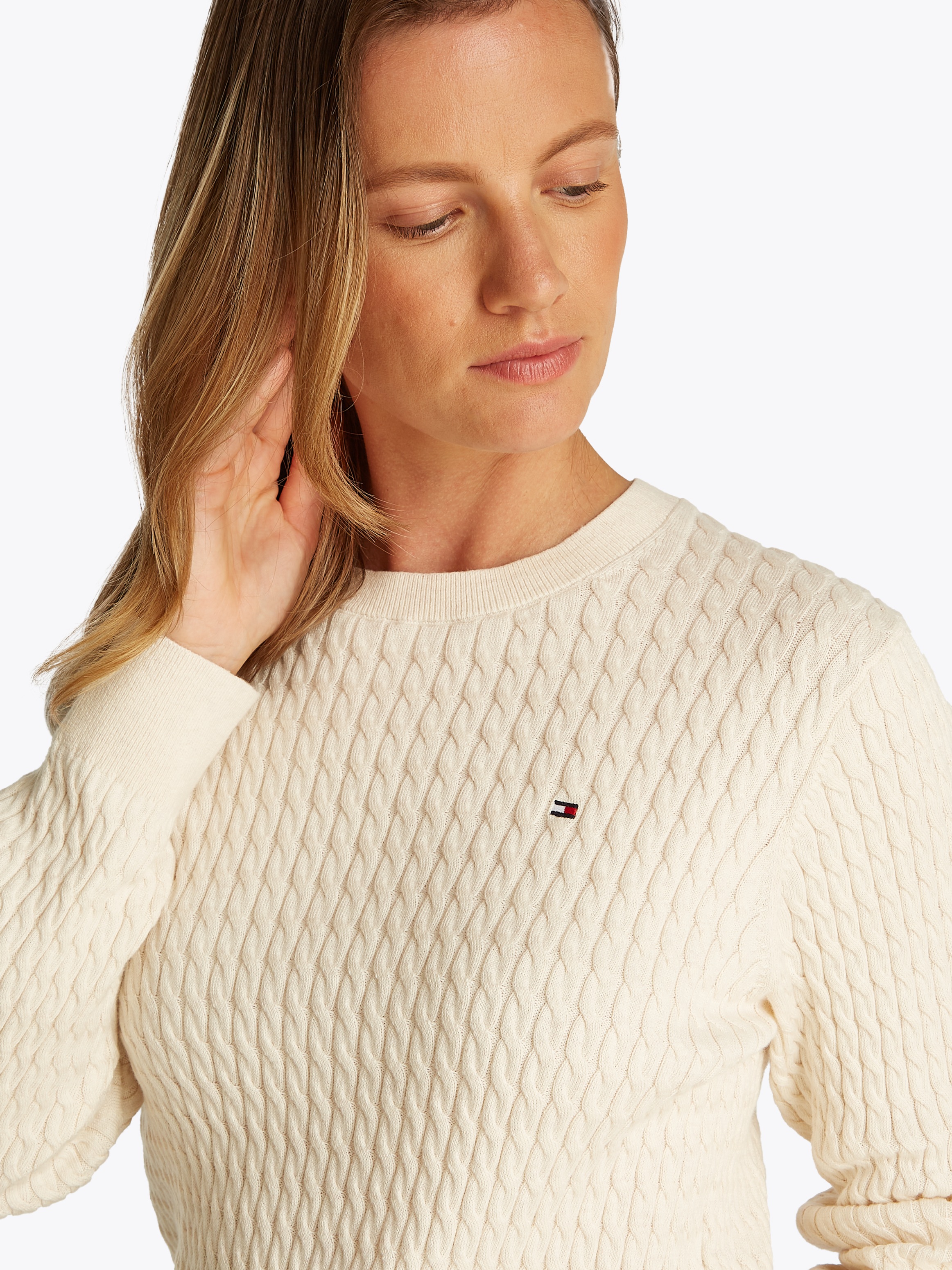 Rundhalspullover TOMMY HILFIGER "CO CABLE C-NK LS SWEATER", Damen, Gr. XL (46), weiß (ivory petal), Strick, Obermaterial: 100% Baumwolle, meliert, regular fit normal, Rundhals, Rippstrickbündchen, Pullover Rundhalspullover, Baumwolle, mit Zopfmuster, Regu 4