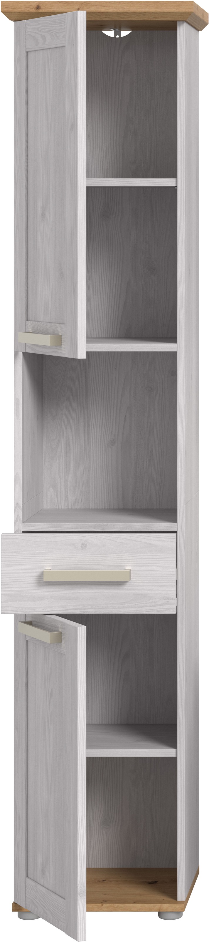 welltime Hochschrank »COSENZA, Höhe 187cm, 2 Türen, 1 Schubkasten, 1 offenes Fach« in Landhausoptik, mit weiteren Artikel der Serie kombinierbar, 1 Stk. tlg. Hochschrank, Bad, Badezimmerschrank