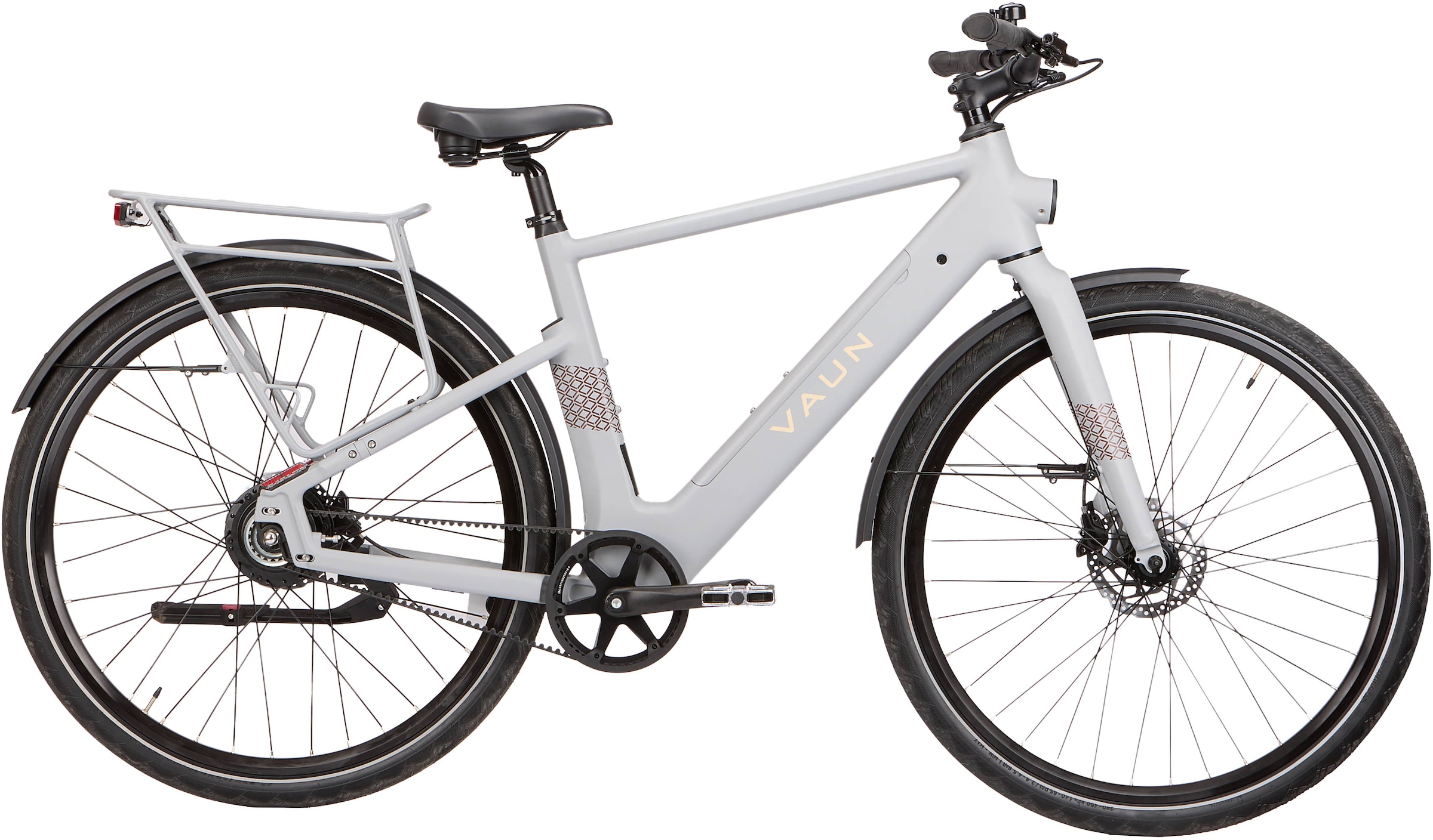 E-Bike VAUN "VAUN SKYLINE Diamant-Cityrad Bikes" Gr. 48, grau (cool gray matt, schwarz), Elektrofahrräder, 51cm, 28 Zoll (71,12cm), (mit integr. Akku)