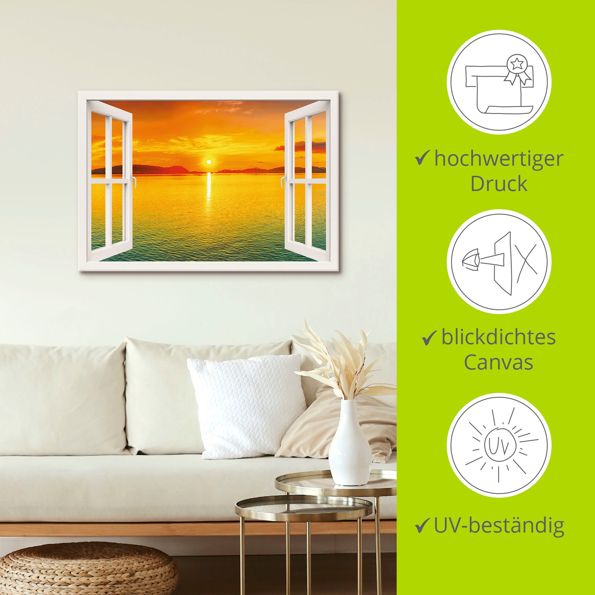 Artland Wandbild »Fensterblick - Sonnenuntergangspanorama«, Fensterblick, (1 St.), als Leinwandbild, Wandaufkleber in verschied. Größen