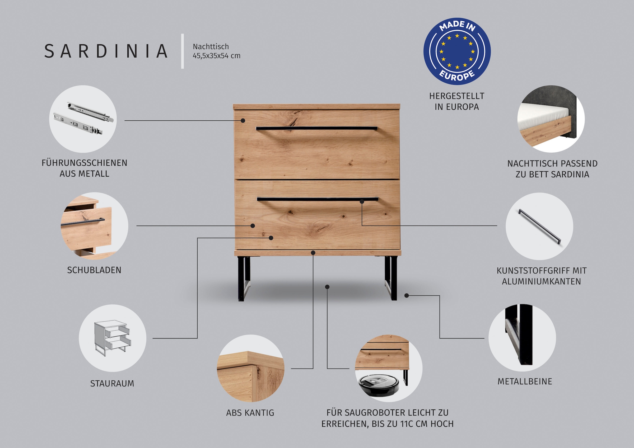 INOSIGN Nachtkommode »Sardinia, Nachtschrank, Maße (B/T/H): 45,5/35/54 cm«, (FSC-zertifizierter Holzwerkstoff), mit 2 Schubladen, Metallgriffe und Metallfüße in Kufenform