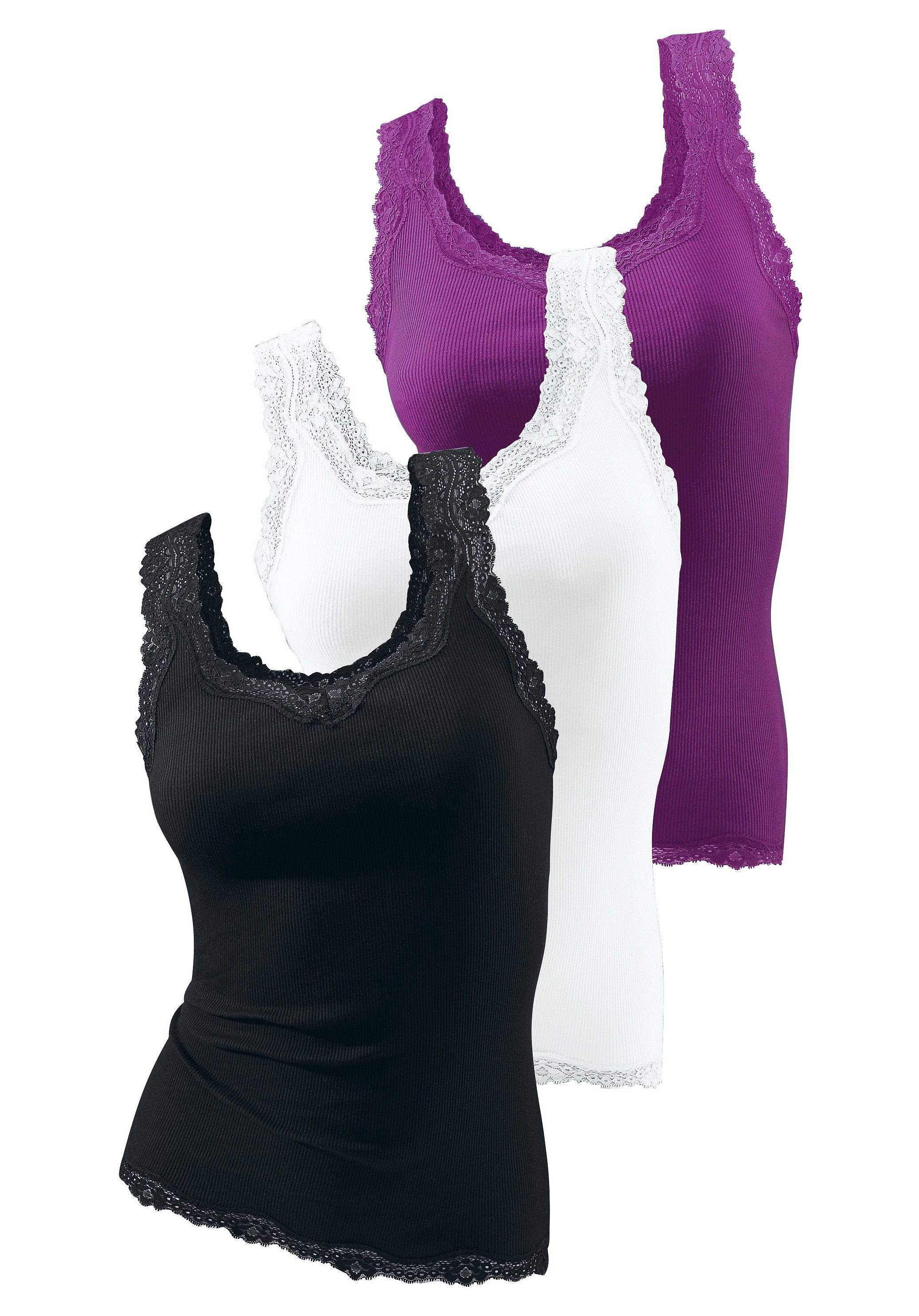 H.I.S Tanktop "mit Spitze" 3er-Pack, aus reiner Baumwolle, Feinripp, sommerlich leicht
