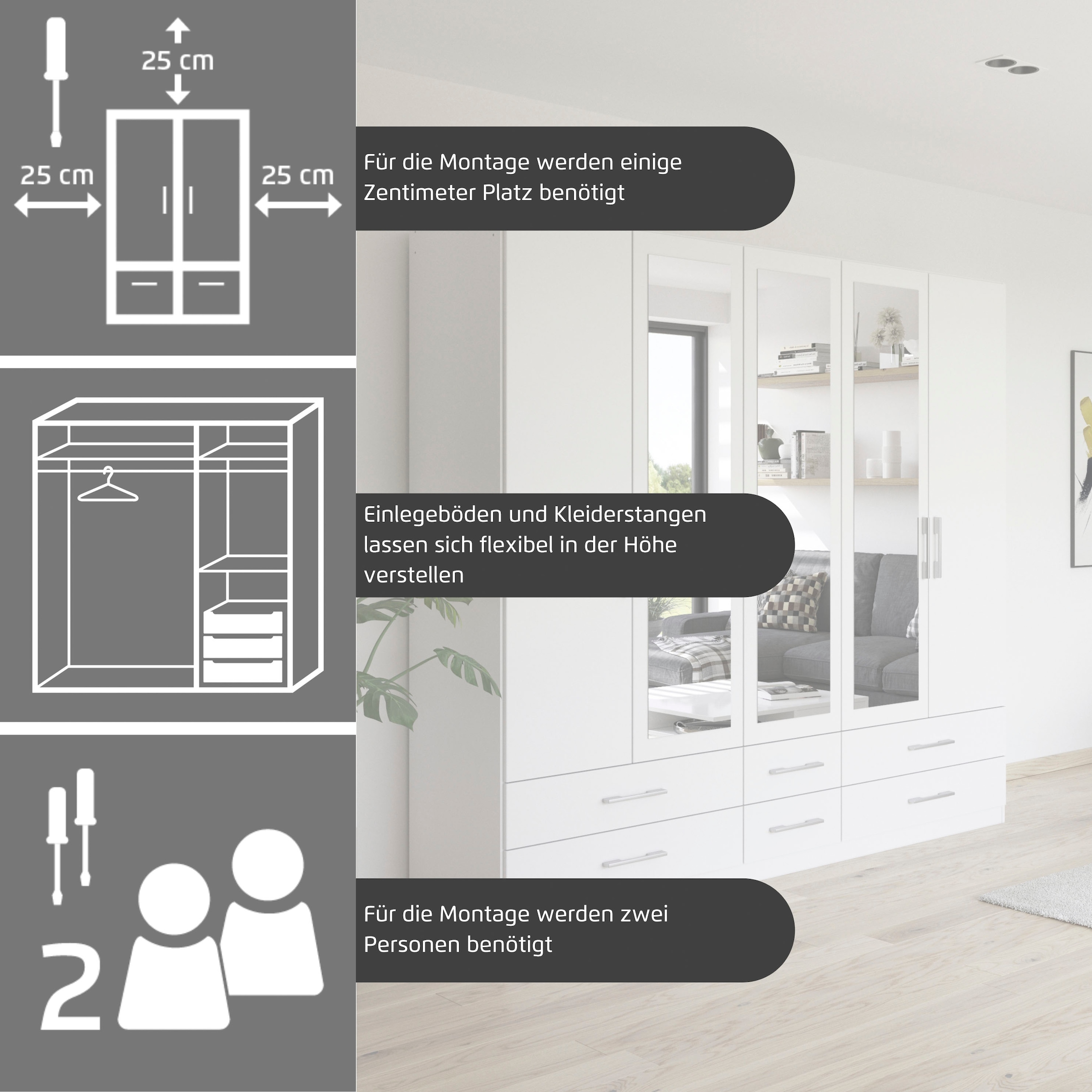 rauch Kleiderschrank »Schrank Garderobe Wäscheschrank HERSBRUCK in 2 Breiten« Breiten: 226 oder 271 cm, Höhe 210 cm,  mit 6 großzügigen Schubladen sowie Spiegeltüren MADE IN GERMANY