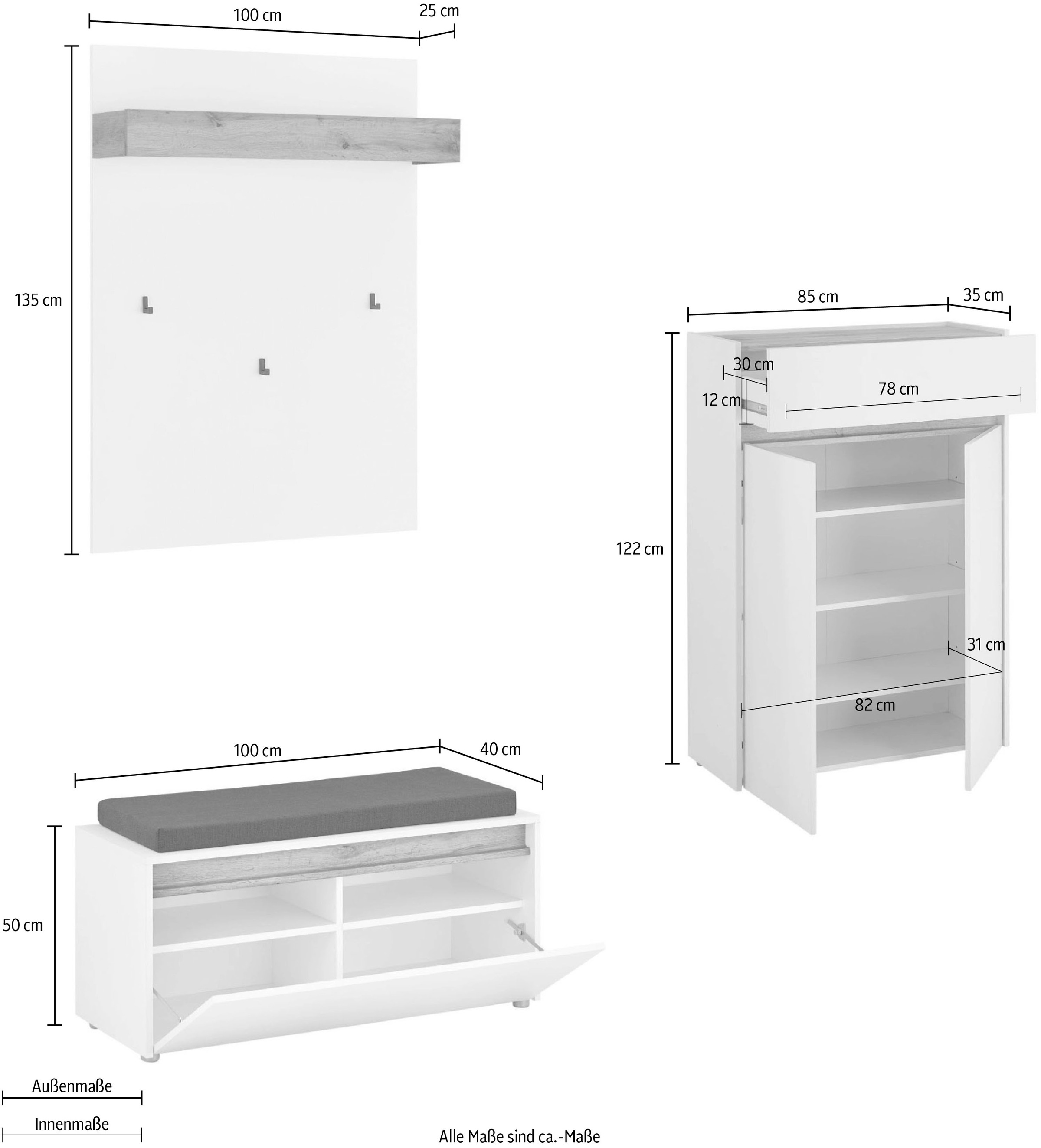 INOSIGN Garderoben-Set »City/Giron, moderne Garderobe, viel Stauraum, ca. 24 Schuhe«, (Set, 3 St.), enthält Schuhschrank, Garderobenpaneel & Garderobenbank mit Sitzkissen