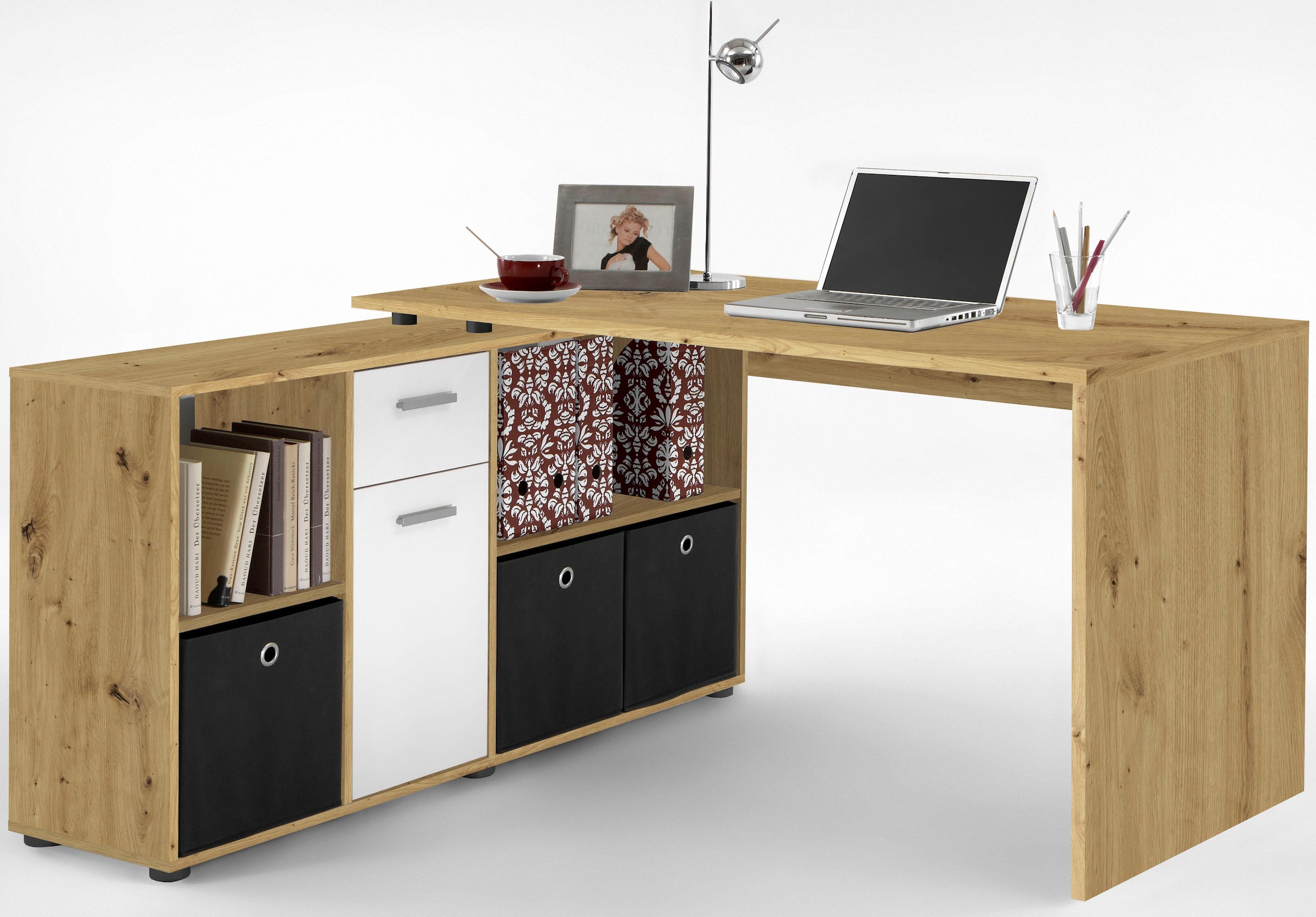 FMD Eckschreibtisch »Lex, Schreibtisch / Sideboard,«, variabel montierbar, Breite 136 / 205 cm, Made in Germany