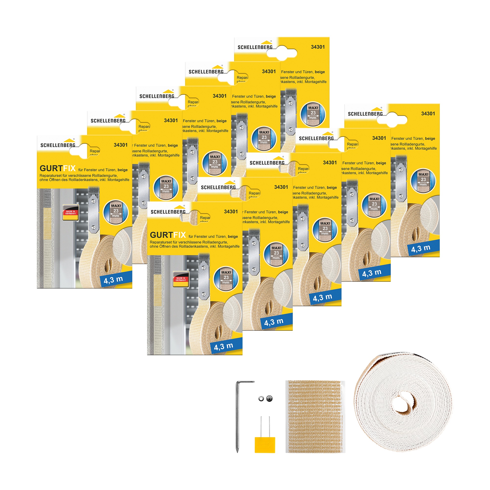 SCHELLENBERG Reparatur-Set "Rollladen Gurtfix für das Rollladensystem Maxi" Set, 10 Stk. tlg. für alte Gurtbänder in unterschiedlichen Farben, 23 mm x 4,3 m
