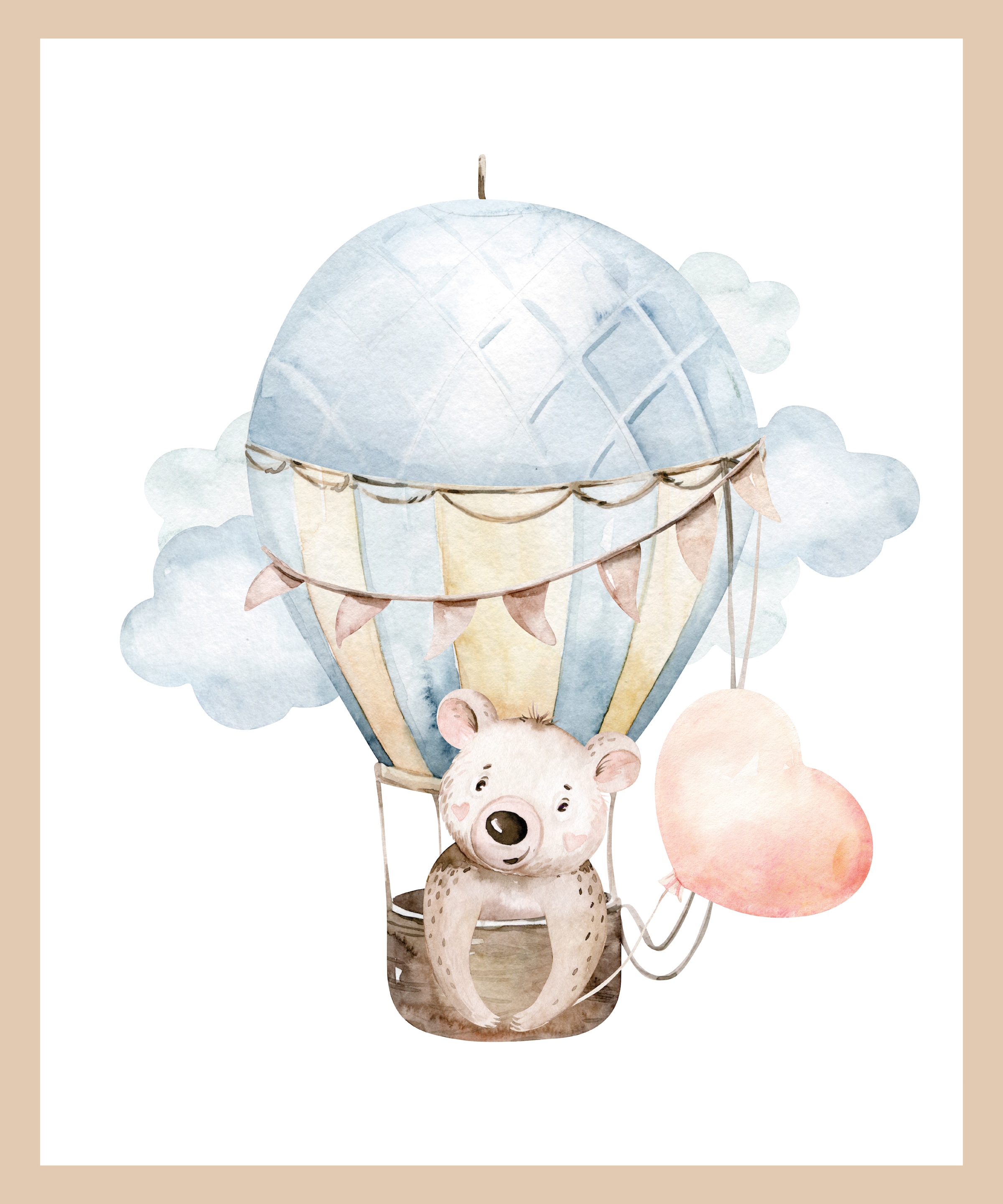Lüttenhütt Bild mit Rahmen »Koala mit Herz im Heißluftballon«, Ballonfahren-Bär-Fantasy-Heißluftballon-Koala-Tiere, (1 St.), Premium Rahmenbild, Motive in wunderschönen Pastelltönen