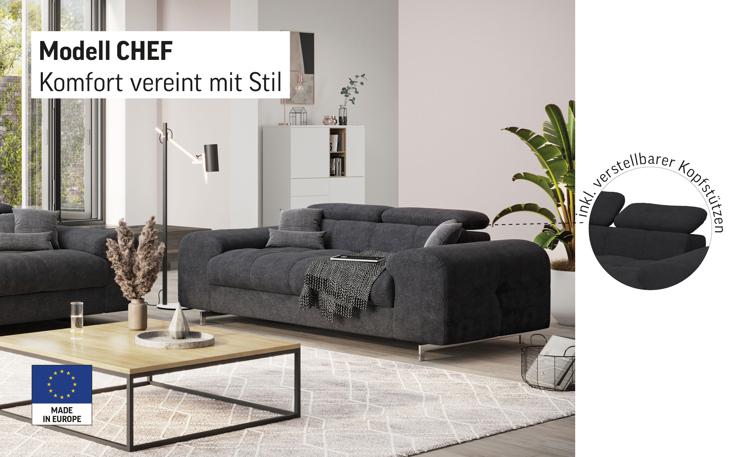 COTTA 2-Sitzer »Chef« Big-Sofa mit Kopfteilverstellung, edle Metallkufen