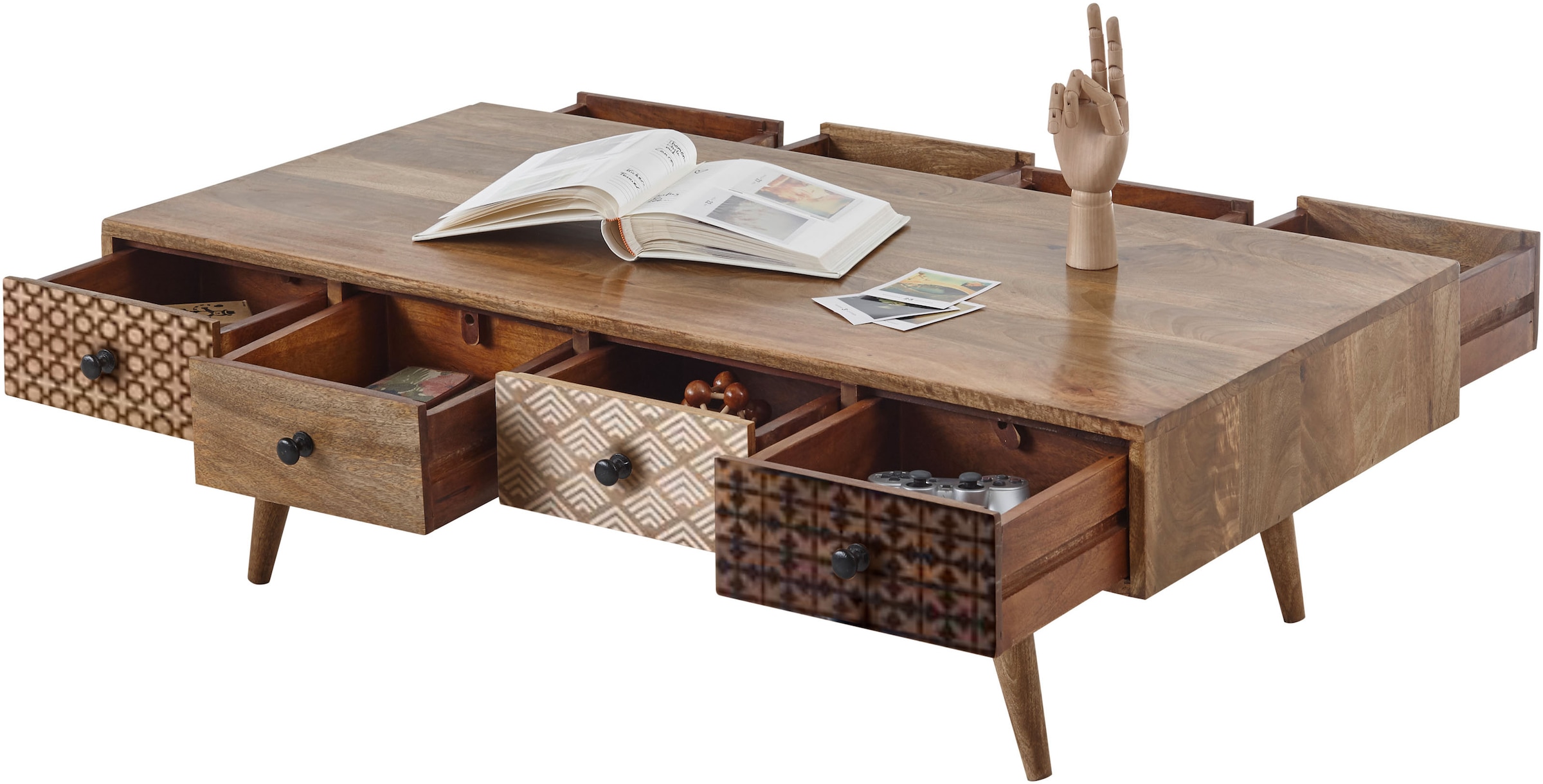 Stolkom Couchtisch »Shari Wohnzimmertisch mit Schubladen, Massivholz BxHxT 117x36x60 cm«, Mango Massivholz, 8 Schubkästen mit verschieden gemusterten Fronten