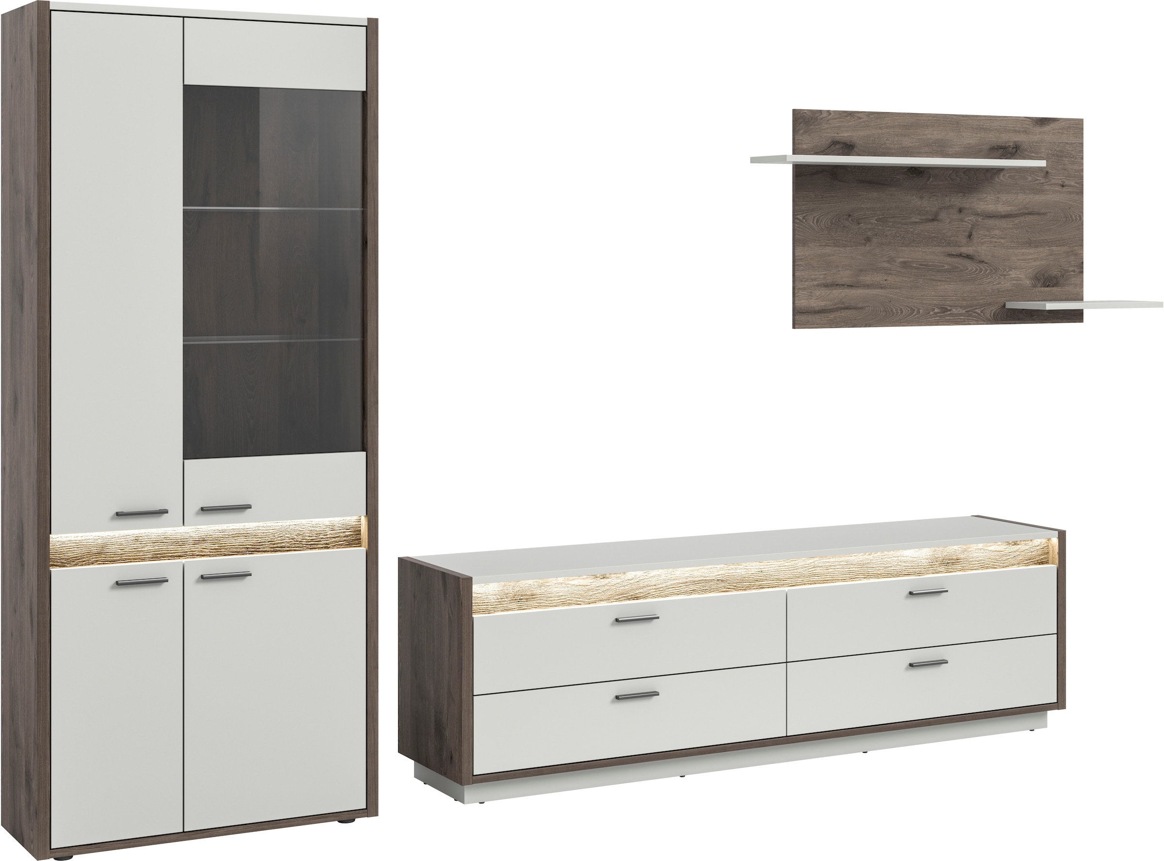 INOSIGN Wohnwand »Treviso, Breite 299 cm, bestehend aus: 1x Vitrine, 1x Lowboard und«, (3 St.), 1x Wandboard, Kombination, Wohnkombination, Mediawand, TV-Wand