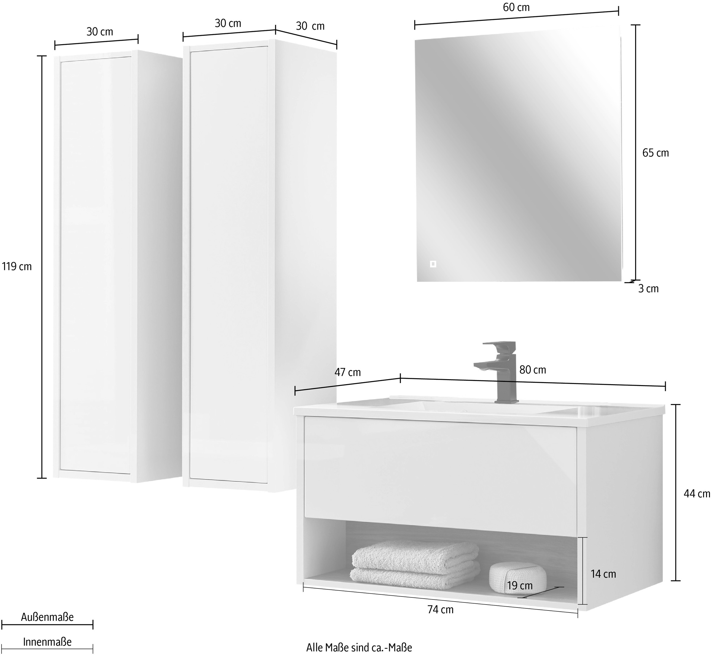 Places of Style Badmöbel-Set »Studio Line, Bad im modernen Design, 4-teiliges Badezimmer«, (4 St.), Schrank, Waschtisch und Spiegel, in zwei Farben verfügbar, Stauraum