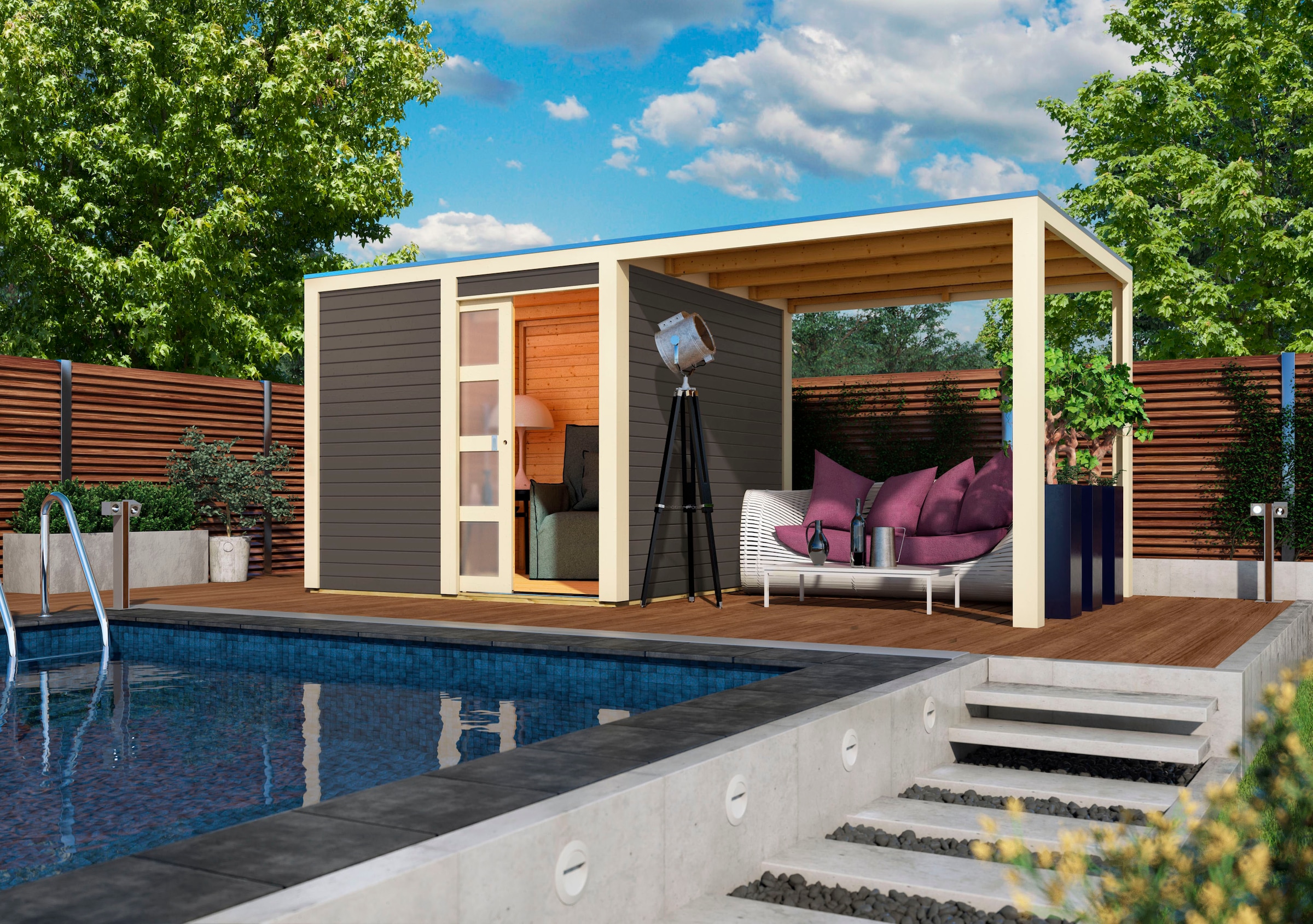Karibu Gartenhaus "Quellsee 1" mit Anbaudach, naturbelassen oder terragrau günstig online kaufen
