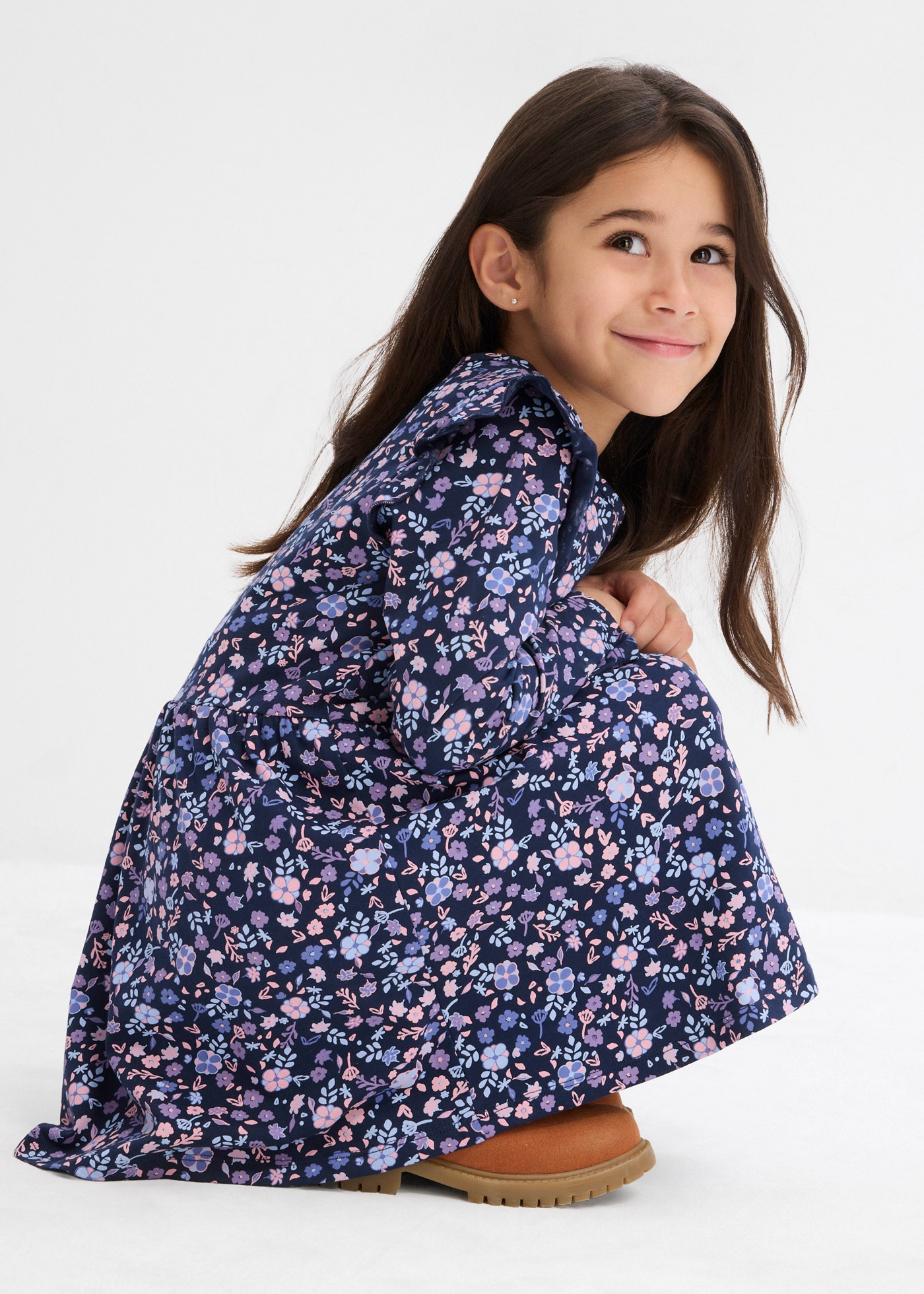 bonprix Jerseykleid aus reiner Baumwolle, mit Blümchenmuster, mit langem Arm