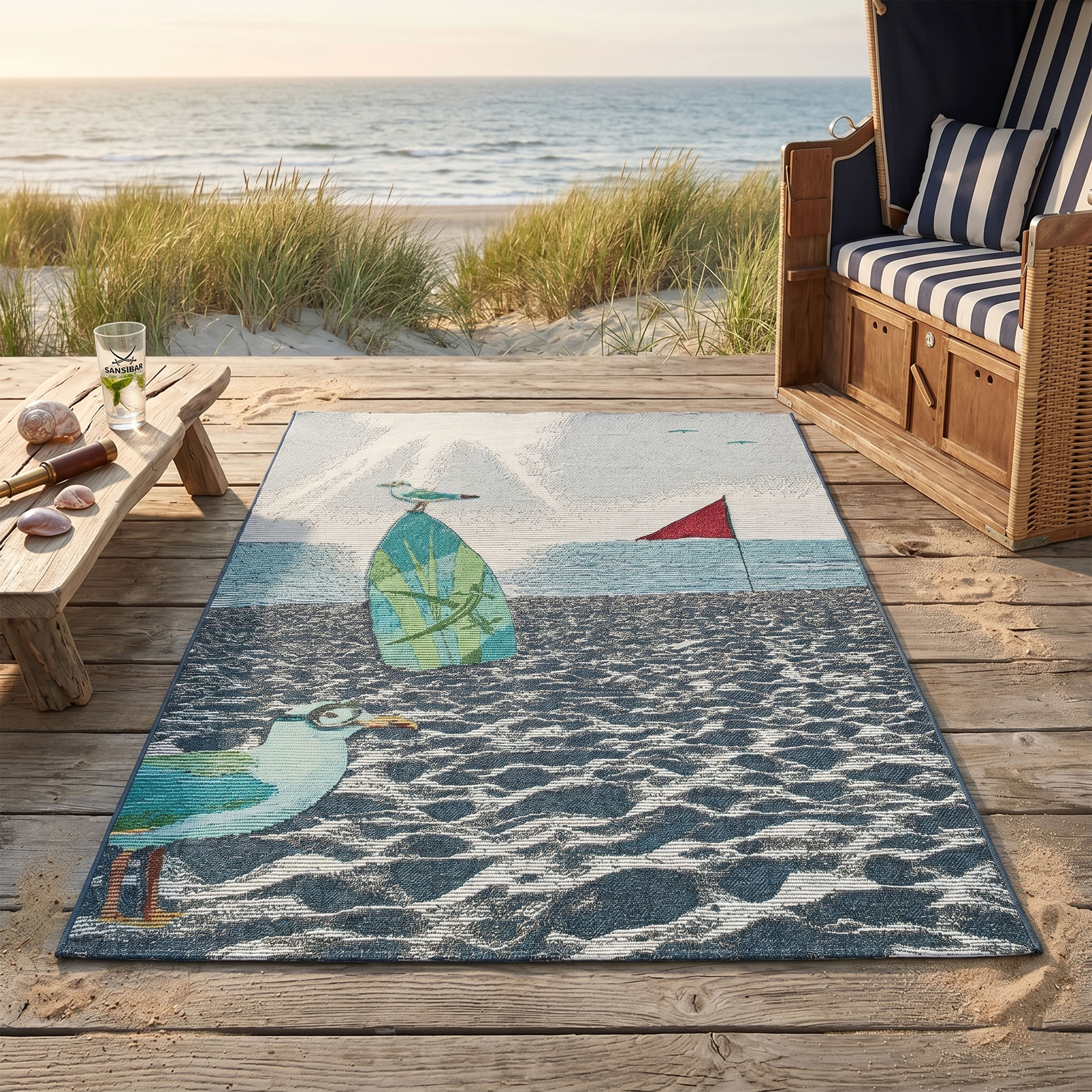 Sansibar Teppich "Rantum Beach SA-021" rechteckig 5 mm Höhe Flachgewebe, modernes Design, Strand & Surfboard, Outdoor geeignet