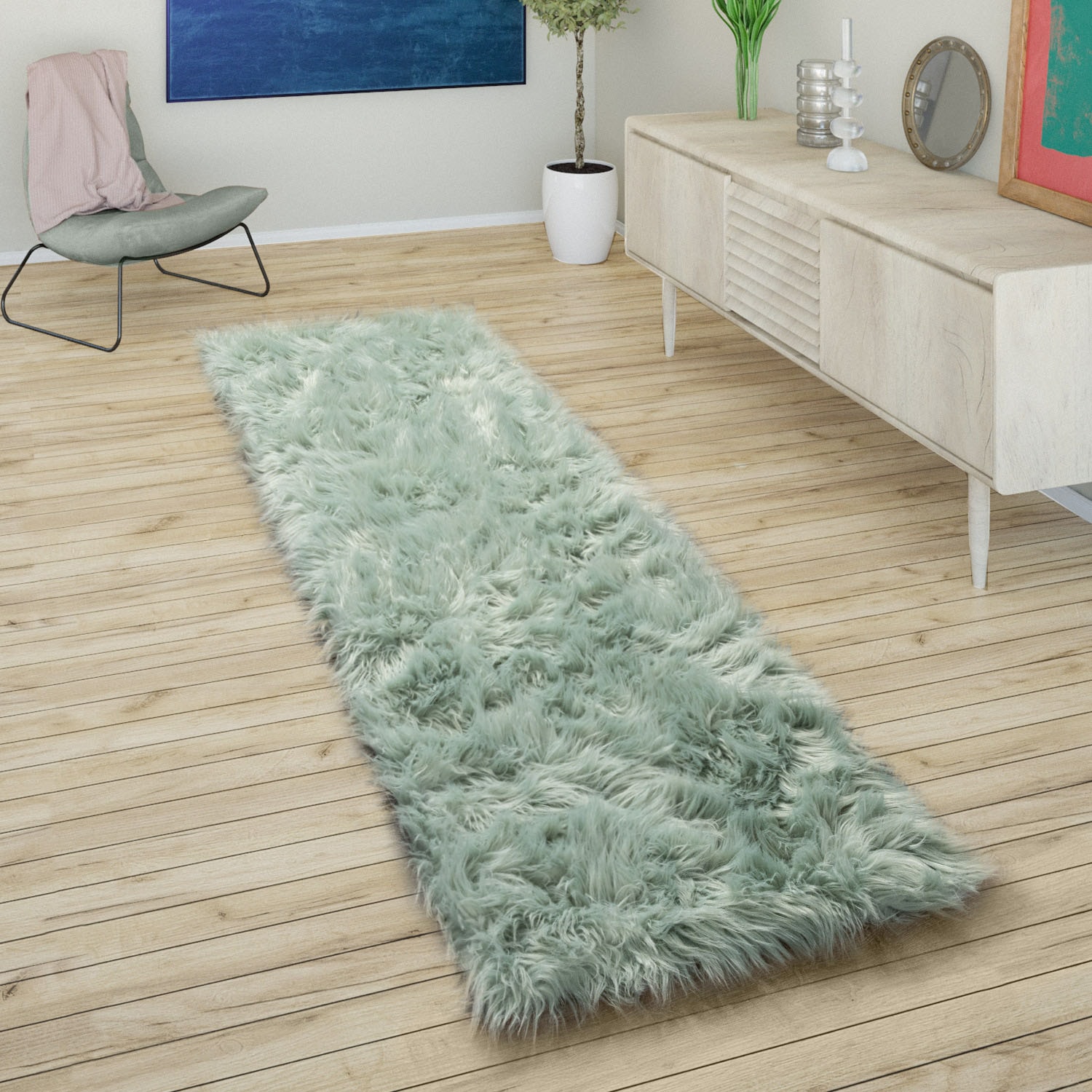 Paco Home Hochflor-Läufer "Playa 960", rechteckig, 64 mm Höhe, Läufer, Kunstfell, Flokati-Optik, weich und flauschig, Un