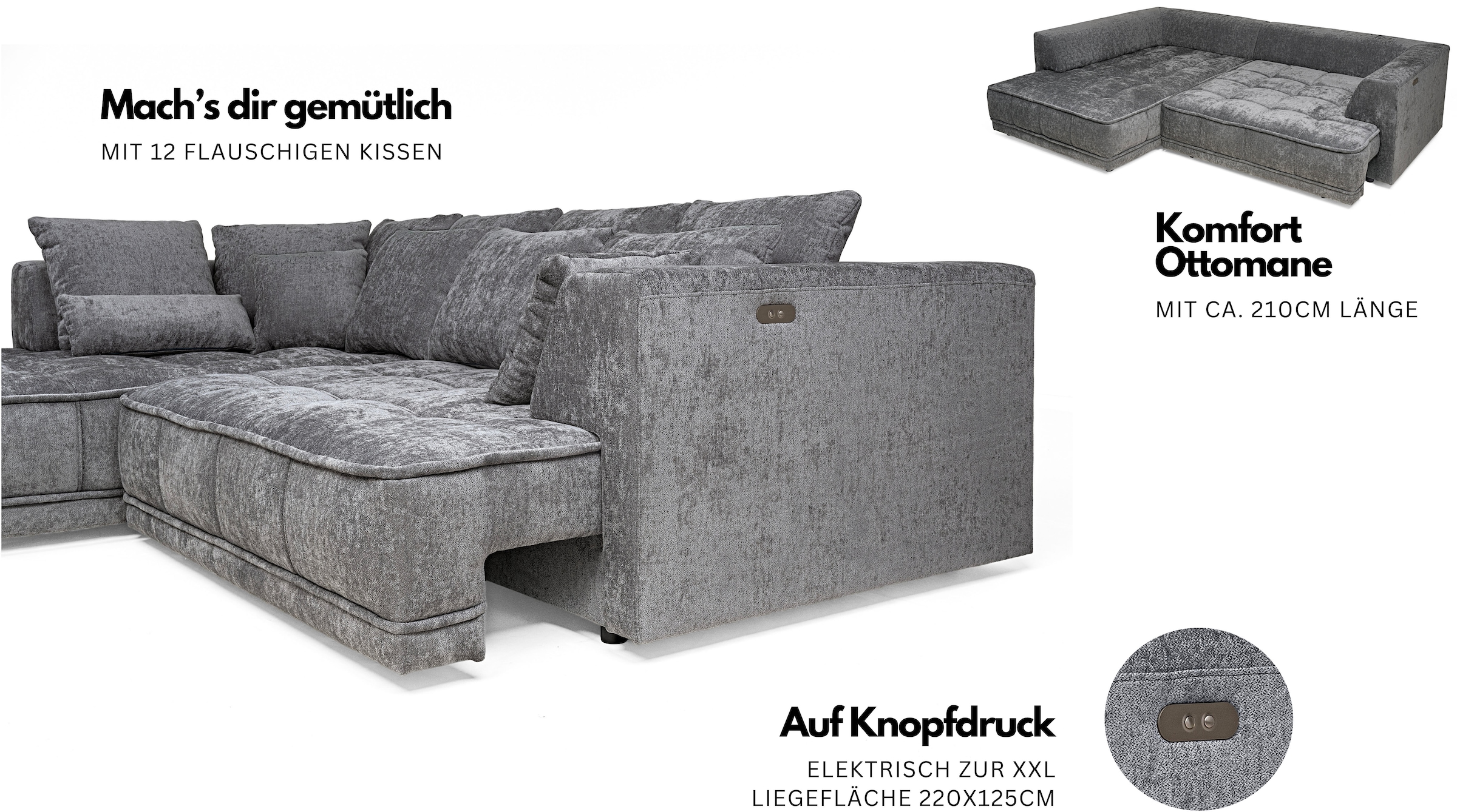 WERK2 Ecksofa »Tiga elektrisch verstellbare Sitztiefe, hochwertiges Design, bequem« Struktur weich, L-Form, elektrische Sitztiefenverstellung
