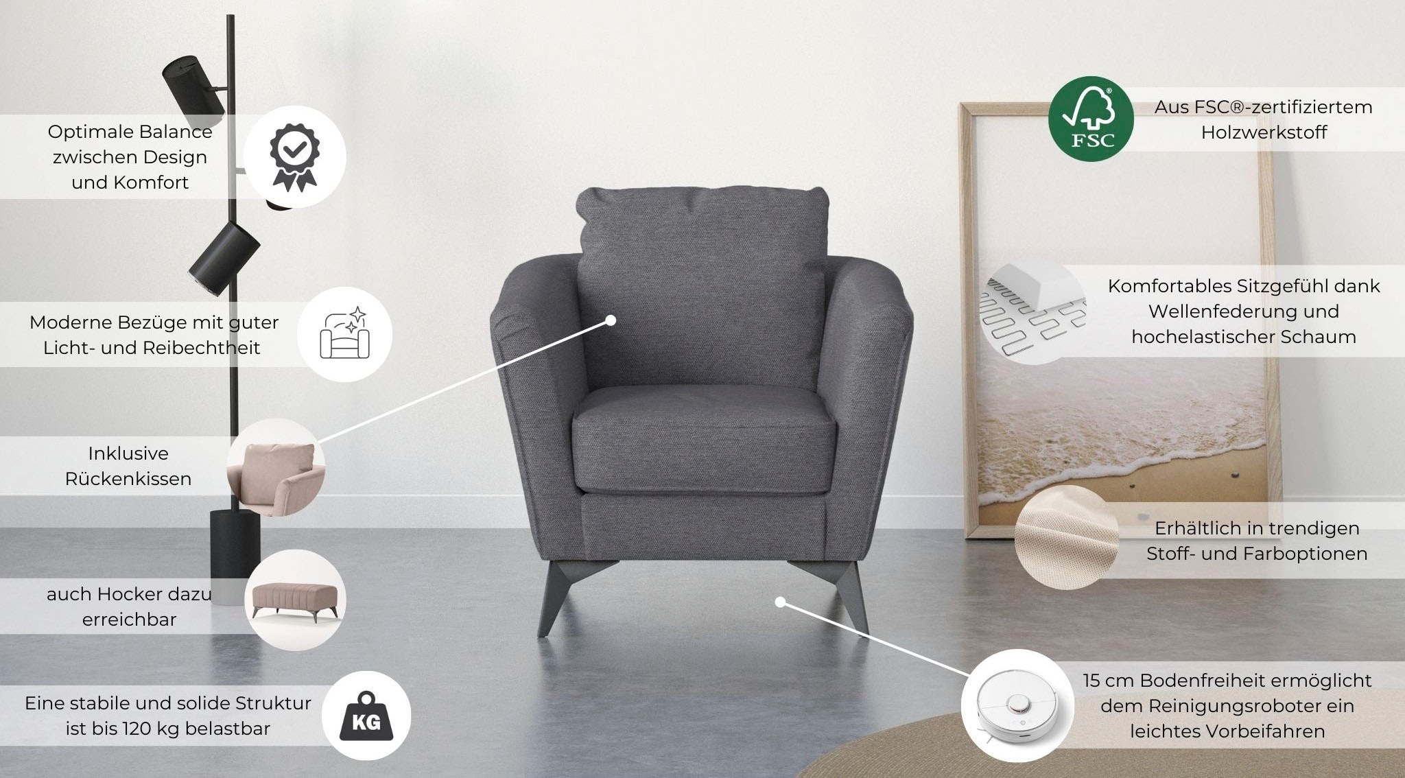 PLACES OF STYLE Cocktailsessel »MATTHEW Sessel, Maße B/T/H: 83/85/88 cm« modern, mit Rückenkissen