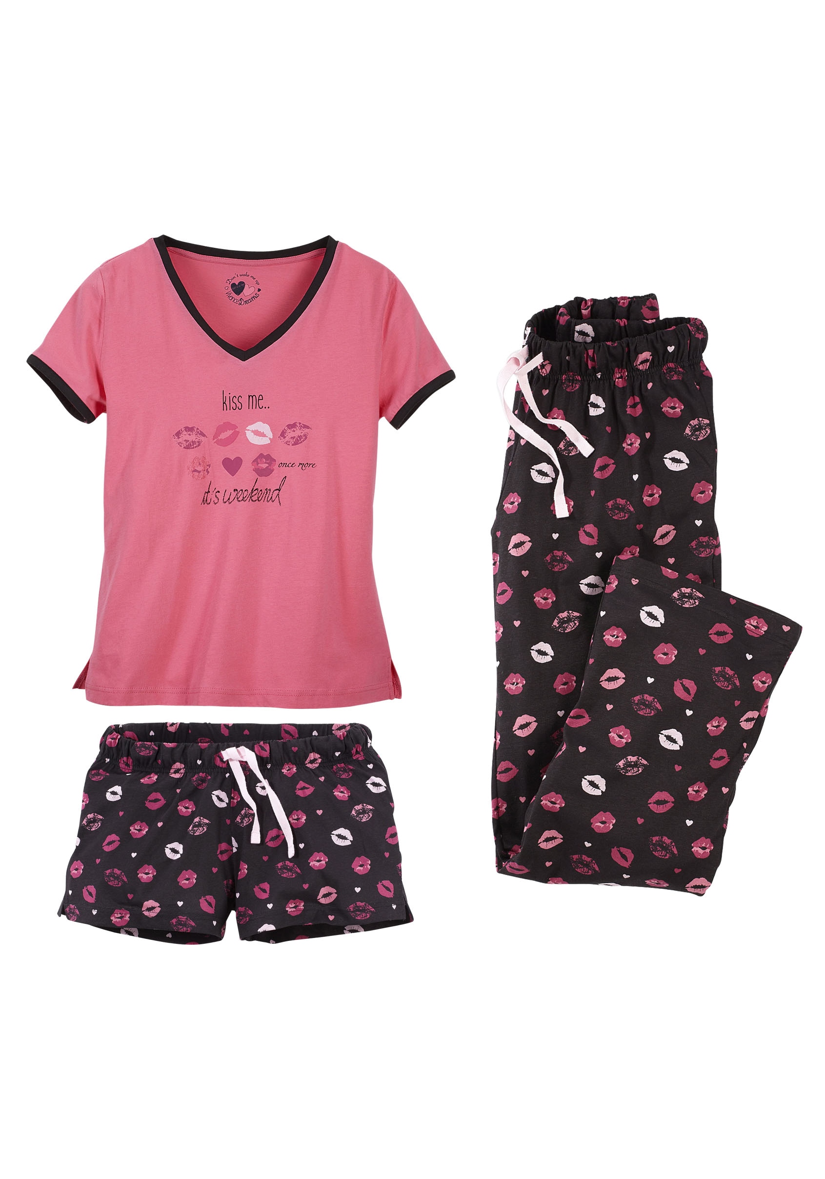 Vivance Dreams Pyjama, (Set, 3 teilig), mit Kussmund-Print