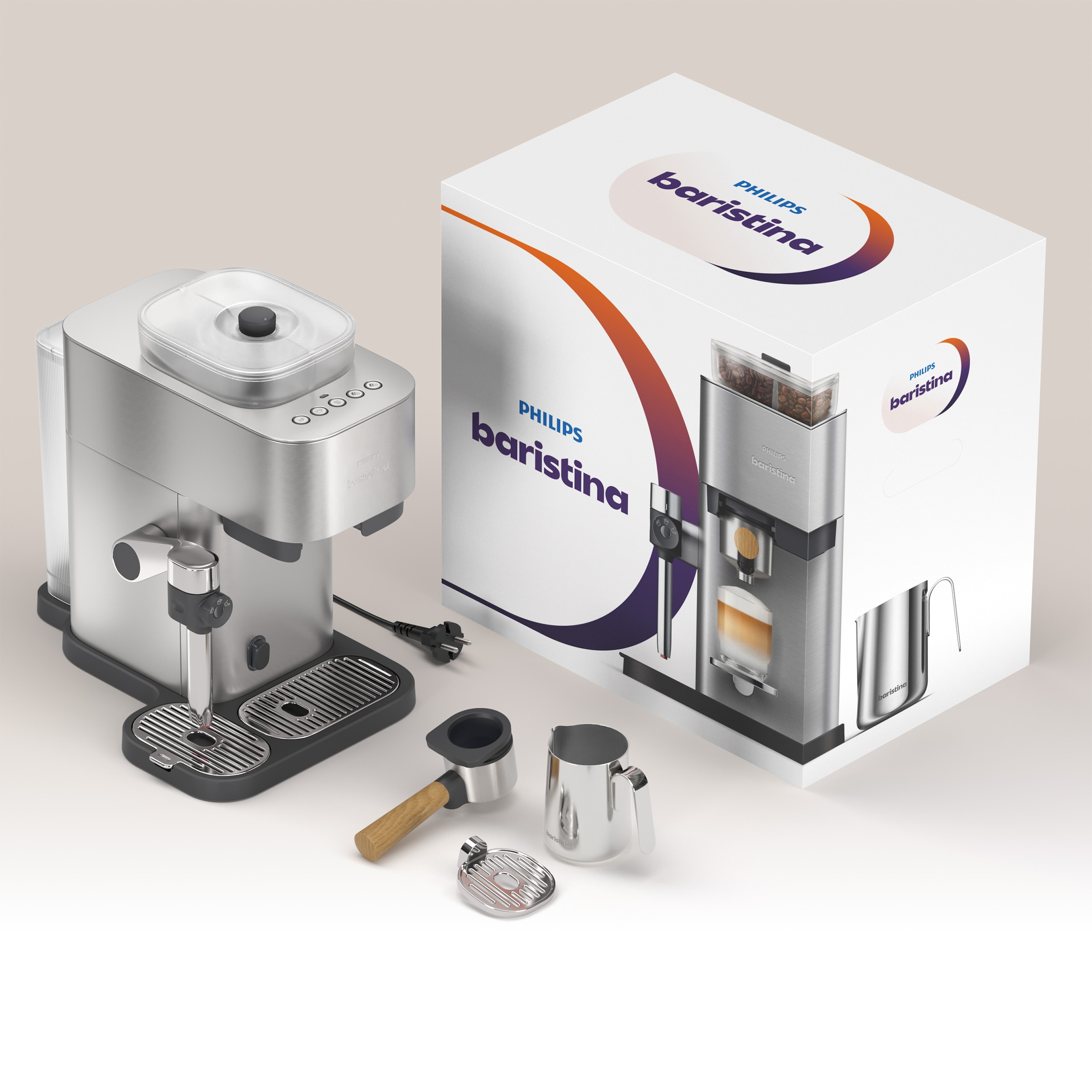 PHILIPS baristina Espressomaschine »Latte Plus BAR700/00 mit Mahlwerk für ganze Bohnen« automatische Milchdüse, 16 bar Pumpendruck, Edelstahl/Eschenholz