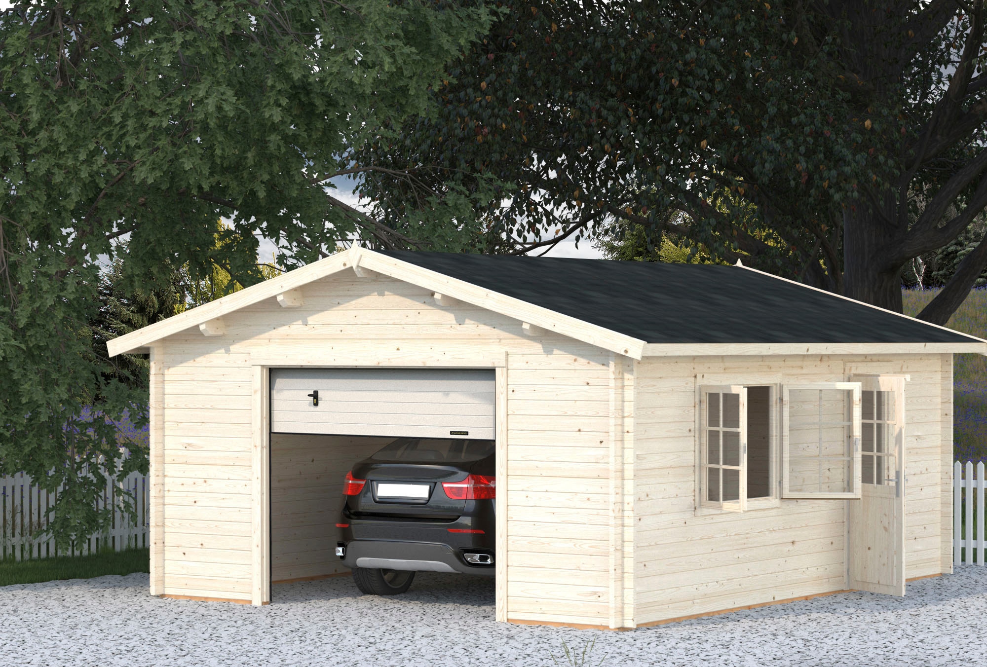 Palmako Roger 4.5m x 5.5m Extra Wide Log Cabin Single Garage (44mm) - Up and Over Door