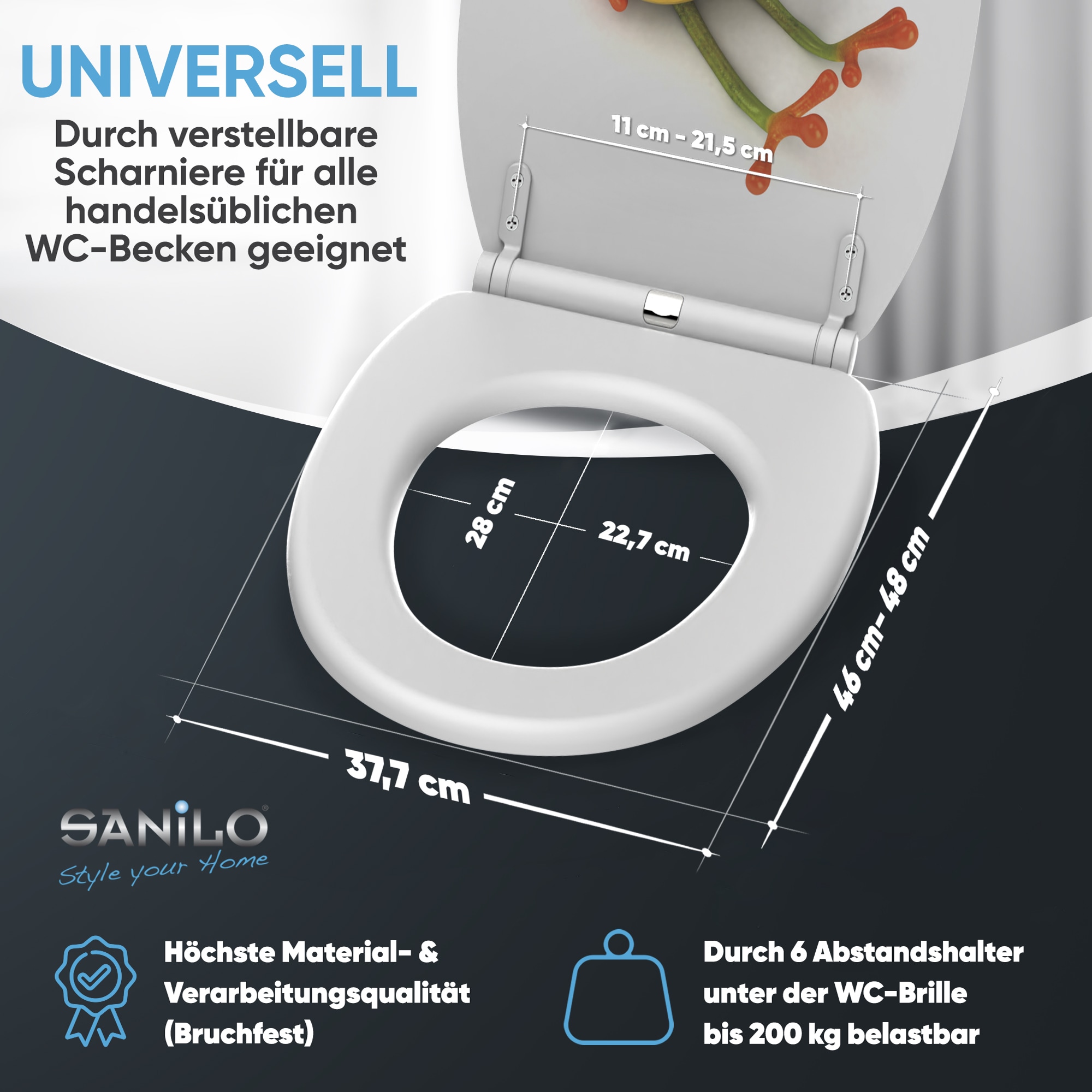 Sanilo WC-Sitz »Froggy mit Absenkautomatik & Quick Release« Premium Toilettendeckel, abnehmbar, leichte Montage von oben