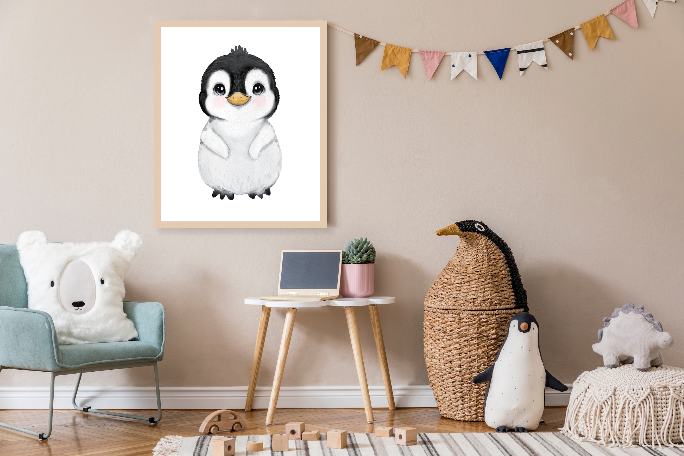 Lüttenhütt Bild mit Rahmen »Süßer Pinguin«, Fantasy-Pinguine-Tiere, (1 St.), Premium Rahmenbild, Motive in wunderschönen Pastelltönen