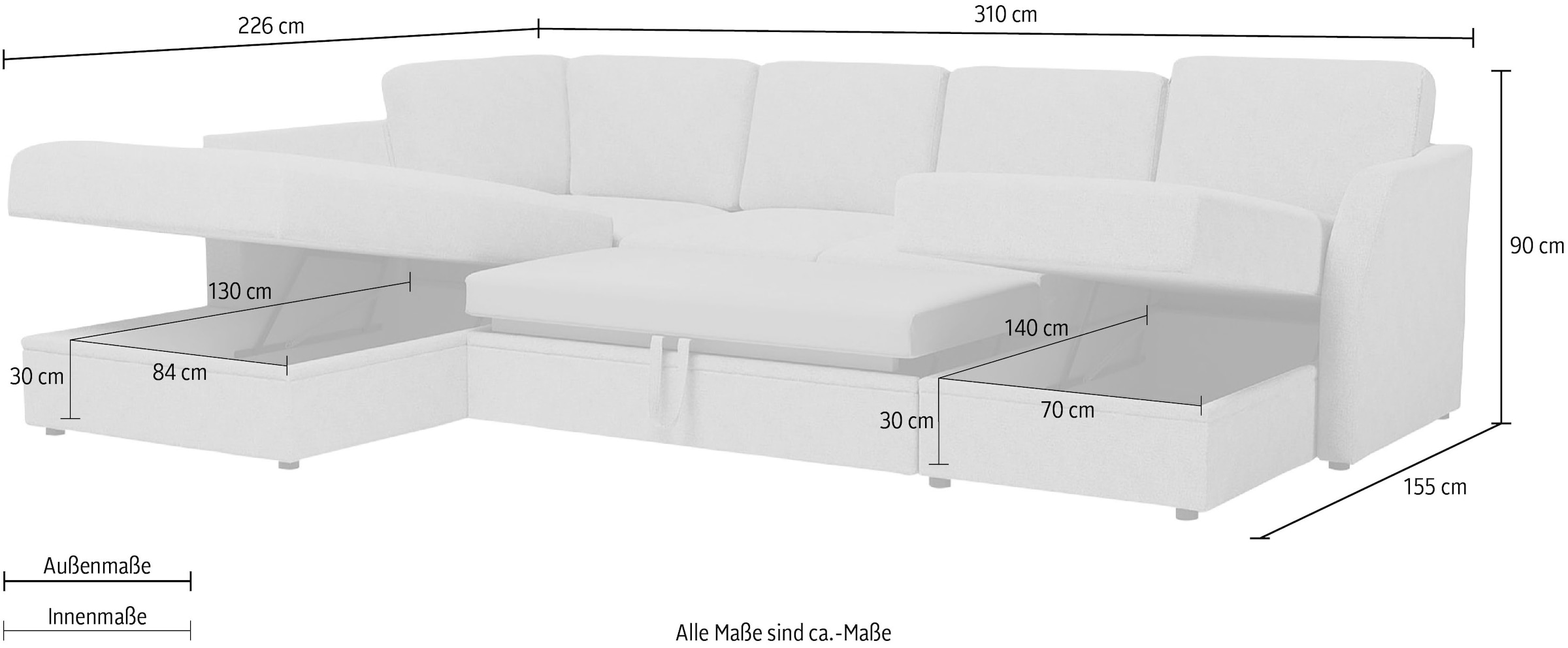 Home affaire Wohnlandschaft »Lavars Schlafsofa«, mit Bettfunktion und Stauraum, in zwei verschiedenen Bezugsqualitäten