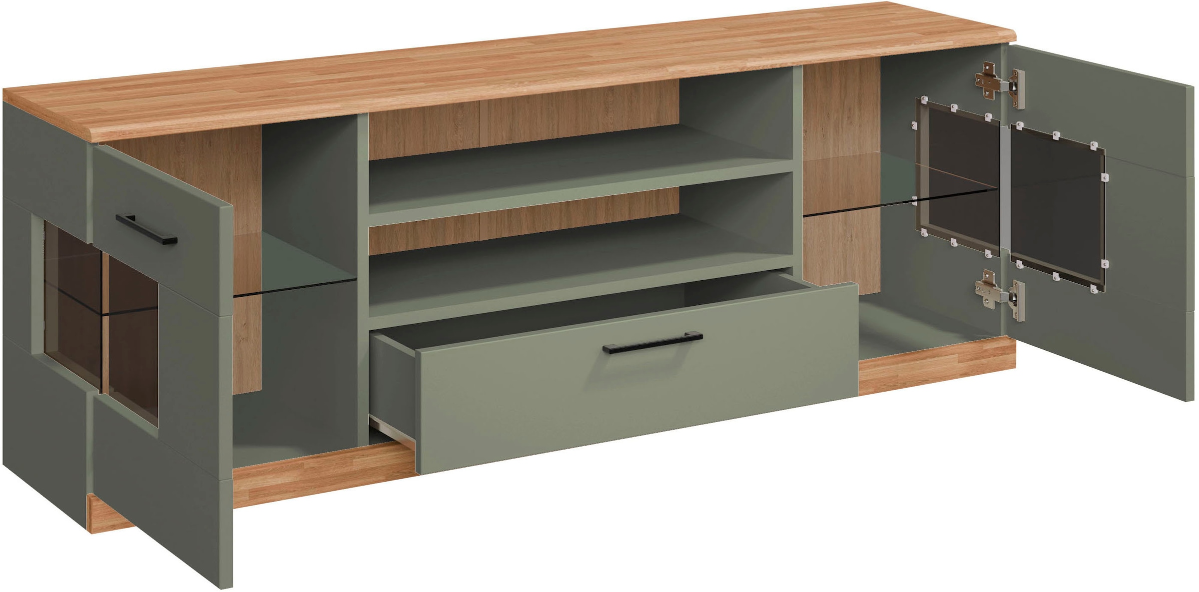 Home affaire Lowboard »Ribe,160cm breit,55cm hoch,Oberplatte Eiche massiv«, Eiche massiv,Melamin in Salbeigrün,schwarze Metall Griffe