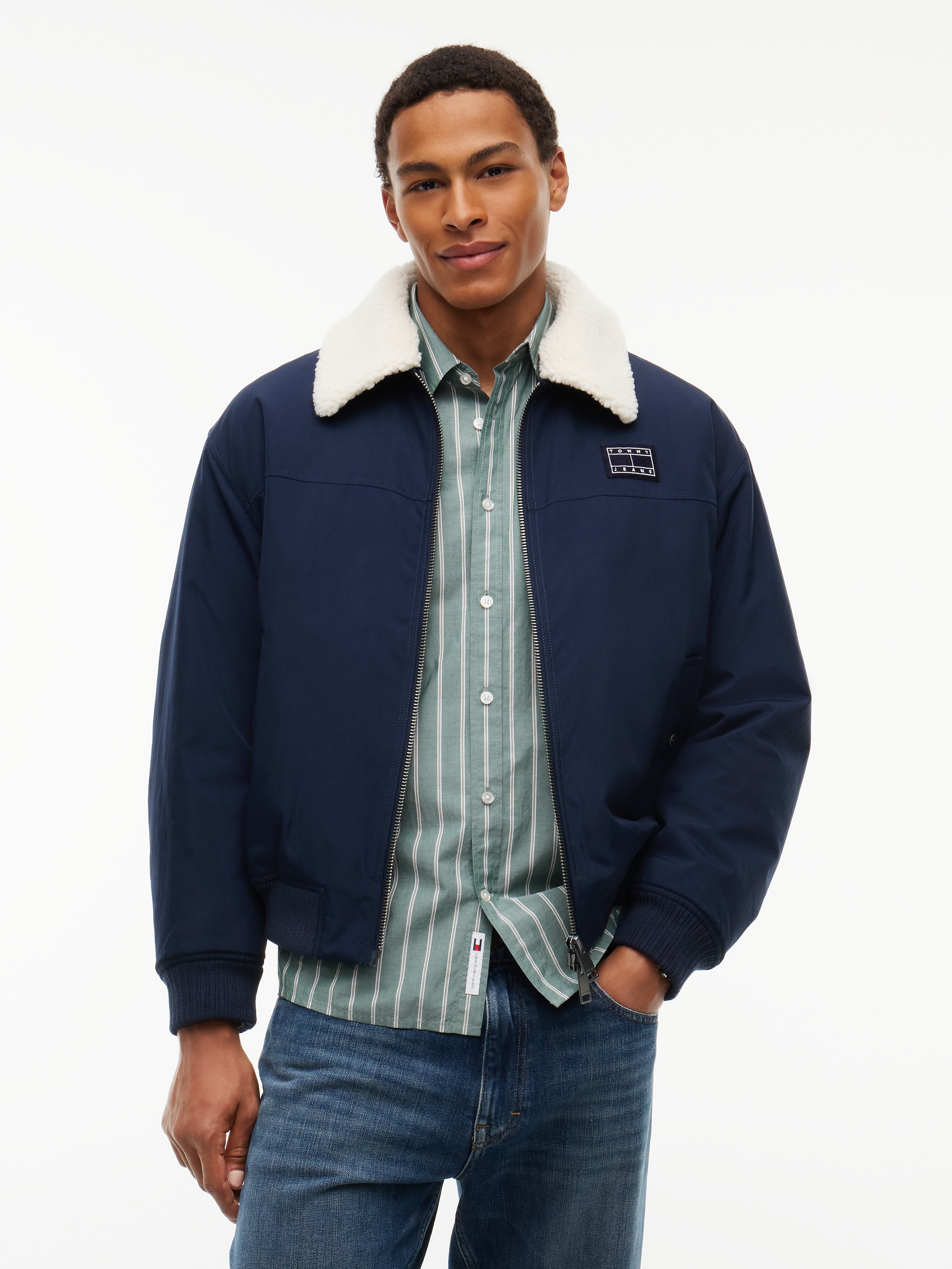 TOMMY JEANS Herren Pilotenjacke "TJM FLAG AVIATOR", blau, Gr. S, Web, Obermaterial: 100% Nylon. Futter: 100% Polyester. Füllung: 100% Polyester,