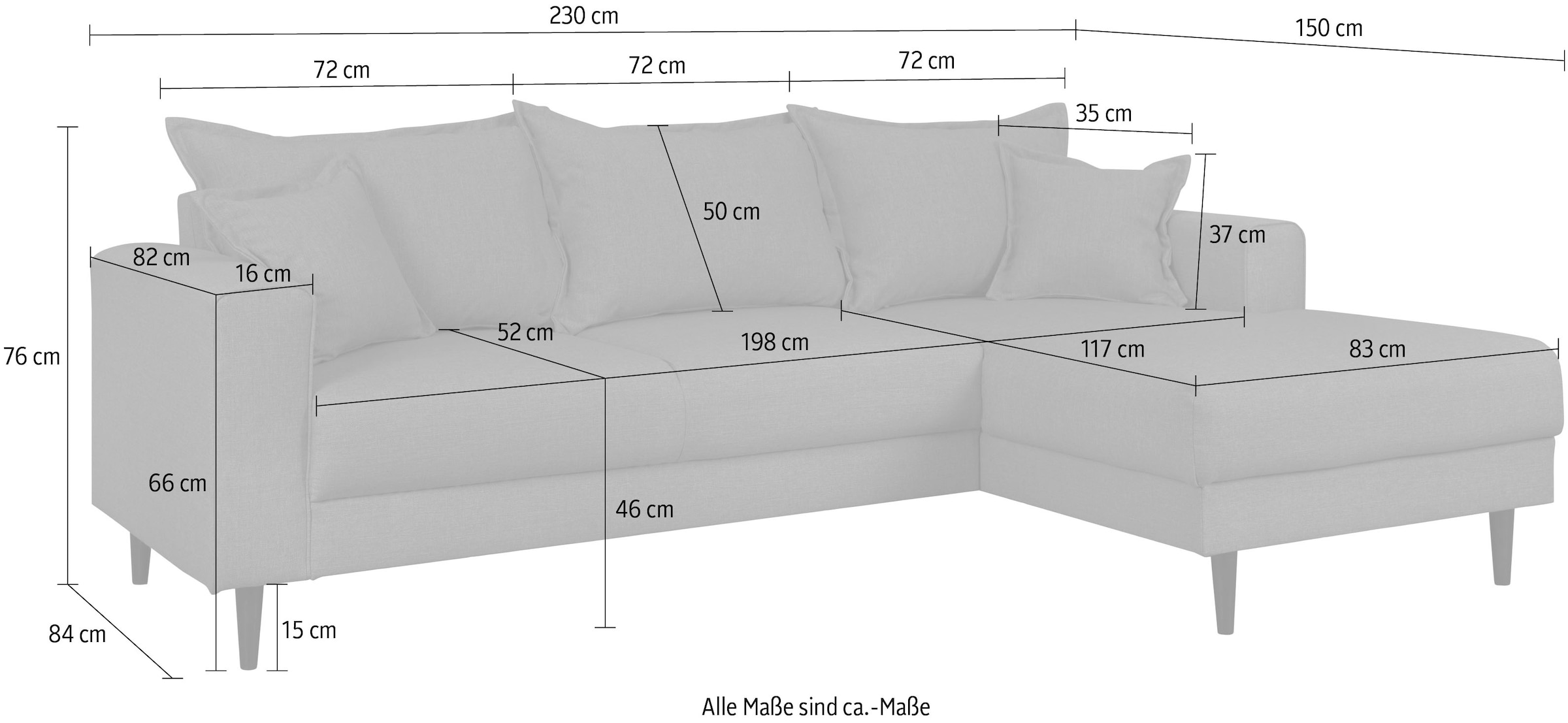 Home affaire Ecksofa »VEYRAS L-Form«, hoher Sitzkomfort, incl. 2 Zierkissen mit Keder, B/T/H: 230/150/76 cm
