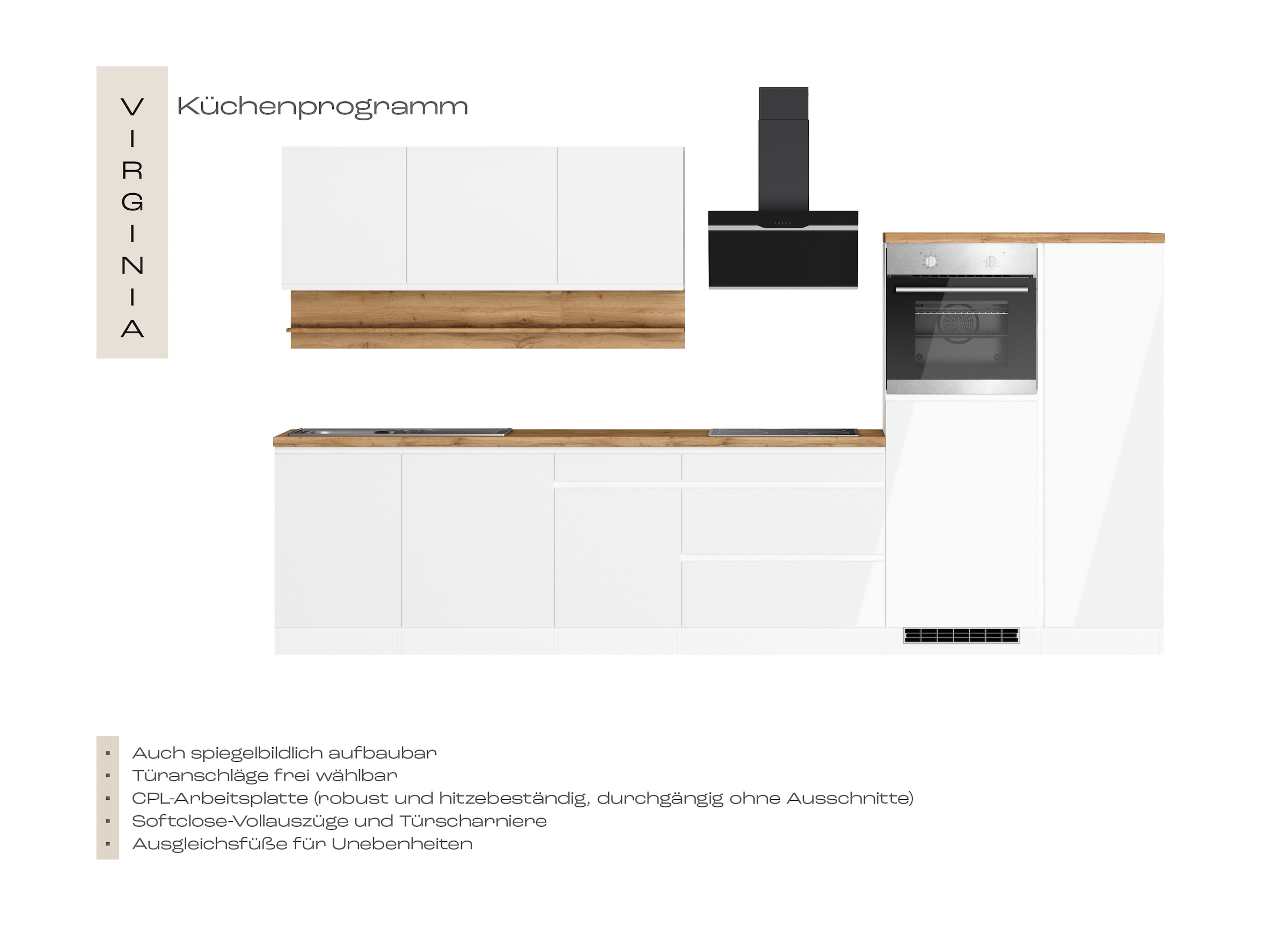 KOCHSTATION »KS-Virginia,neu in verbesserter Ausführung« Arbeitsplatte 38 mm stark, Stauraum, Softclose,  Breite 350 cm, Soft-Close, ohne E-Geräte