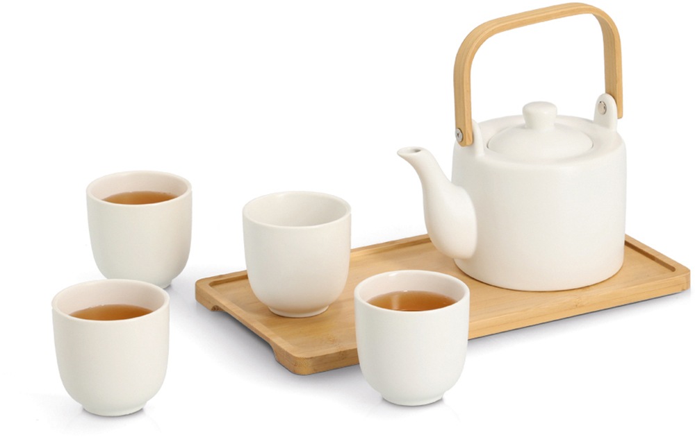Zeller Present Geschirr-Set "Tee-Set, 6-tlg. Steingut/Bambus, weiß", (Set, günstig online kaufen