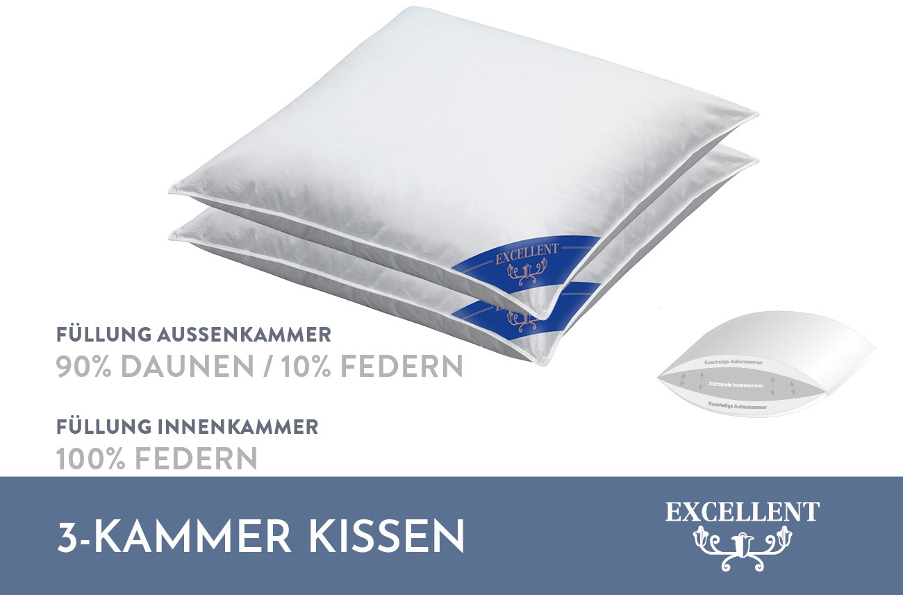 Excellent 3-Kammer-Kopfkissen »Venedig, Kissen hergestellt in Deutschland!, für Allergiker«, Füllung: 90% Daunen (Außenkammer), Bezug: 100% Baumwolle, (2 St.), Kopfkissen in 40x80 und 80x80, Hohenstein Institute ausgezeichnet