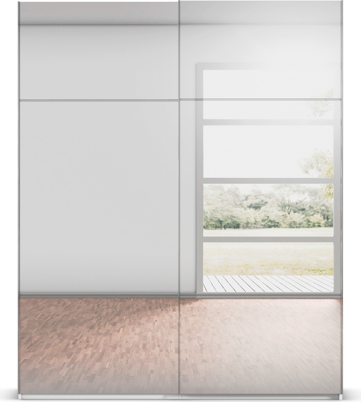rauch Schwebetürenschrank »Kleiderschrank Schrank Garderobe Schlafzimmerschrank SCALE-TRIO«, edle dreigeteilte Front mit 2 Zierleisten Spiegelfront MADE IN GERMANY